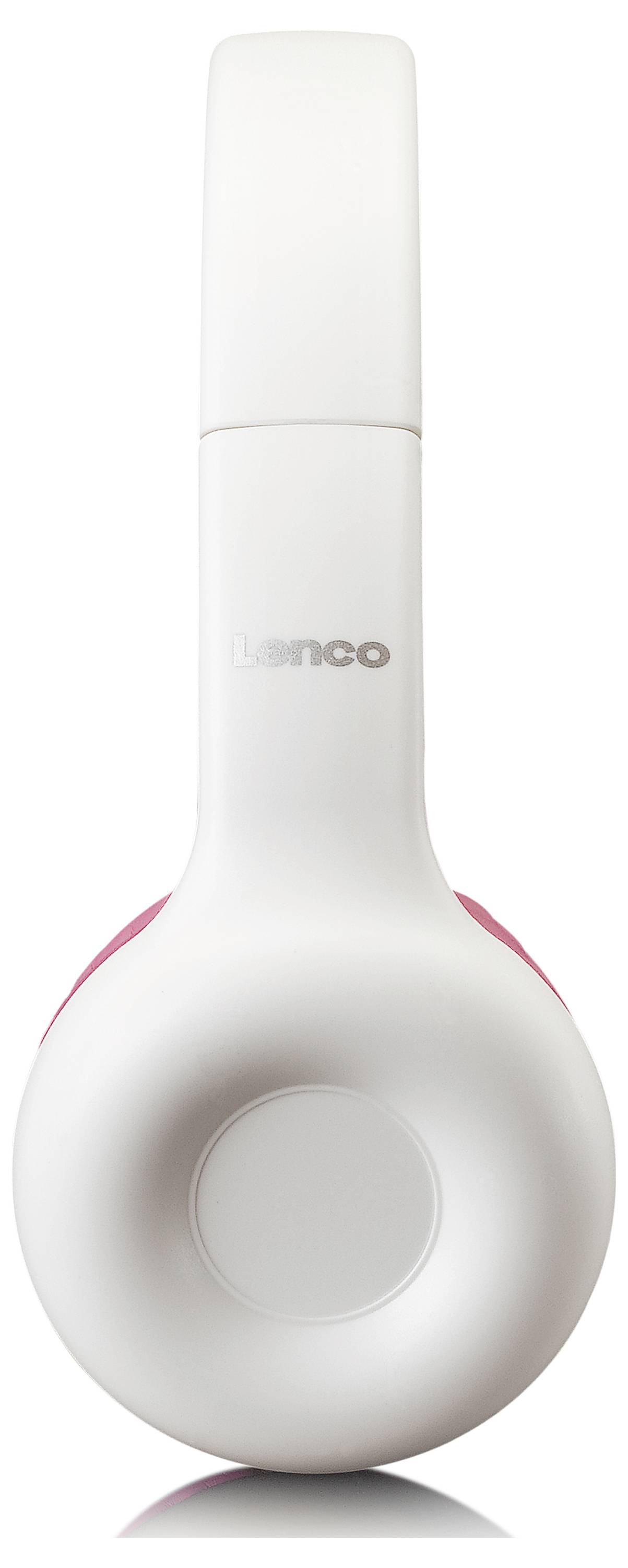 Bílé sluchátka fotografované shora, s růžovou vnitřní stranou mušlí a značkou 'Lenco' na oblouku.