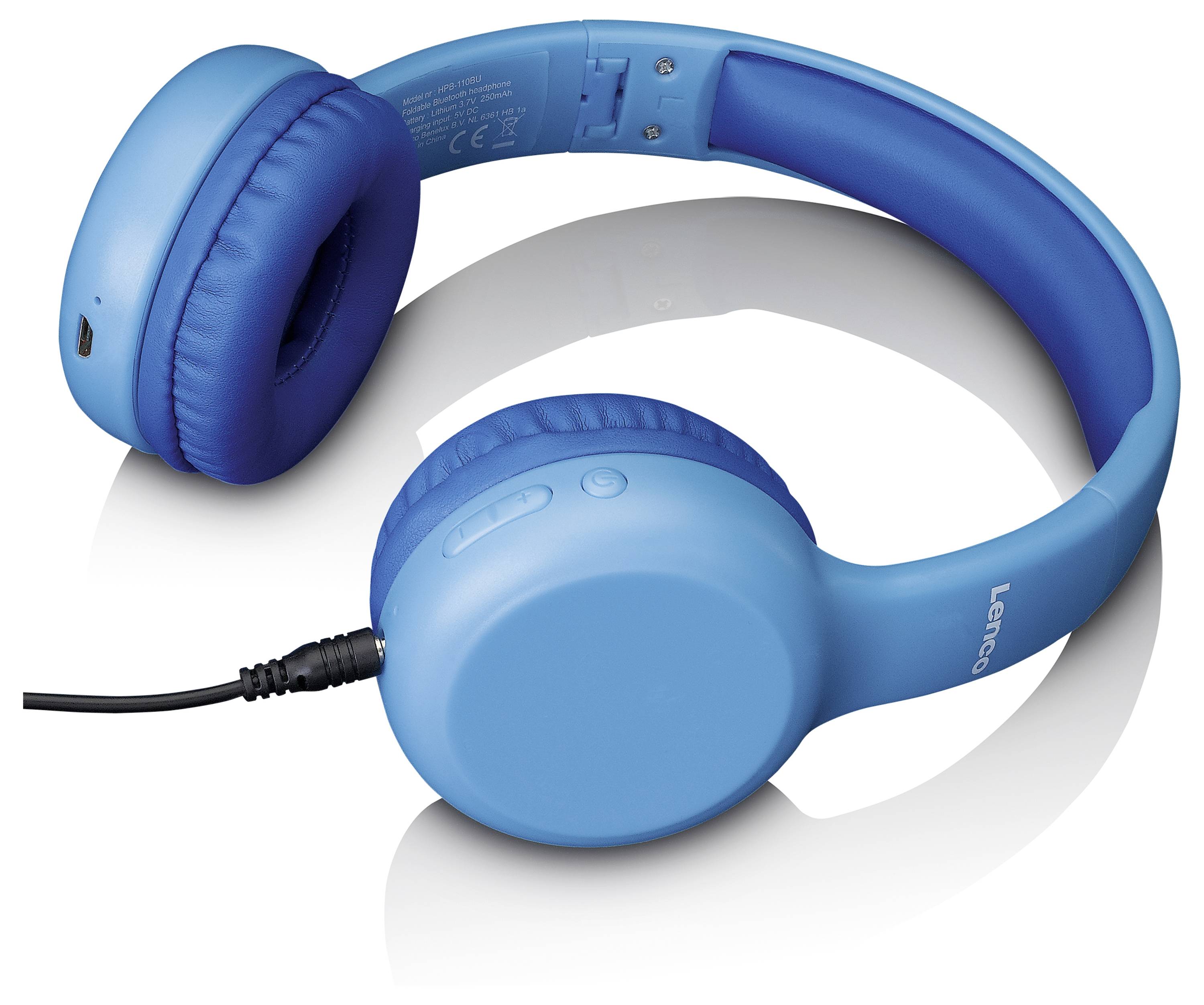 Modré bezdrátové sluchátka, částečně složené, s viditelným propojovacím kabelem. Vhodné pro poslech hudby nebo multimédia.