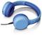 Modré bezdrátové sluchátka, částečně složené, s viditelným propojovacím kabelem. Vhodné pro poslech hudby nebo multimédia.