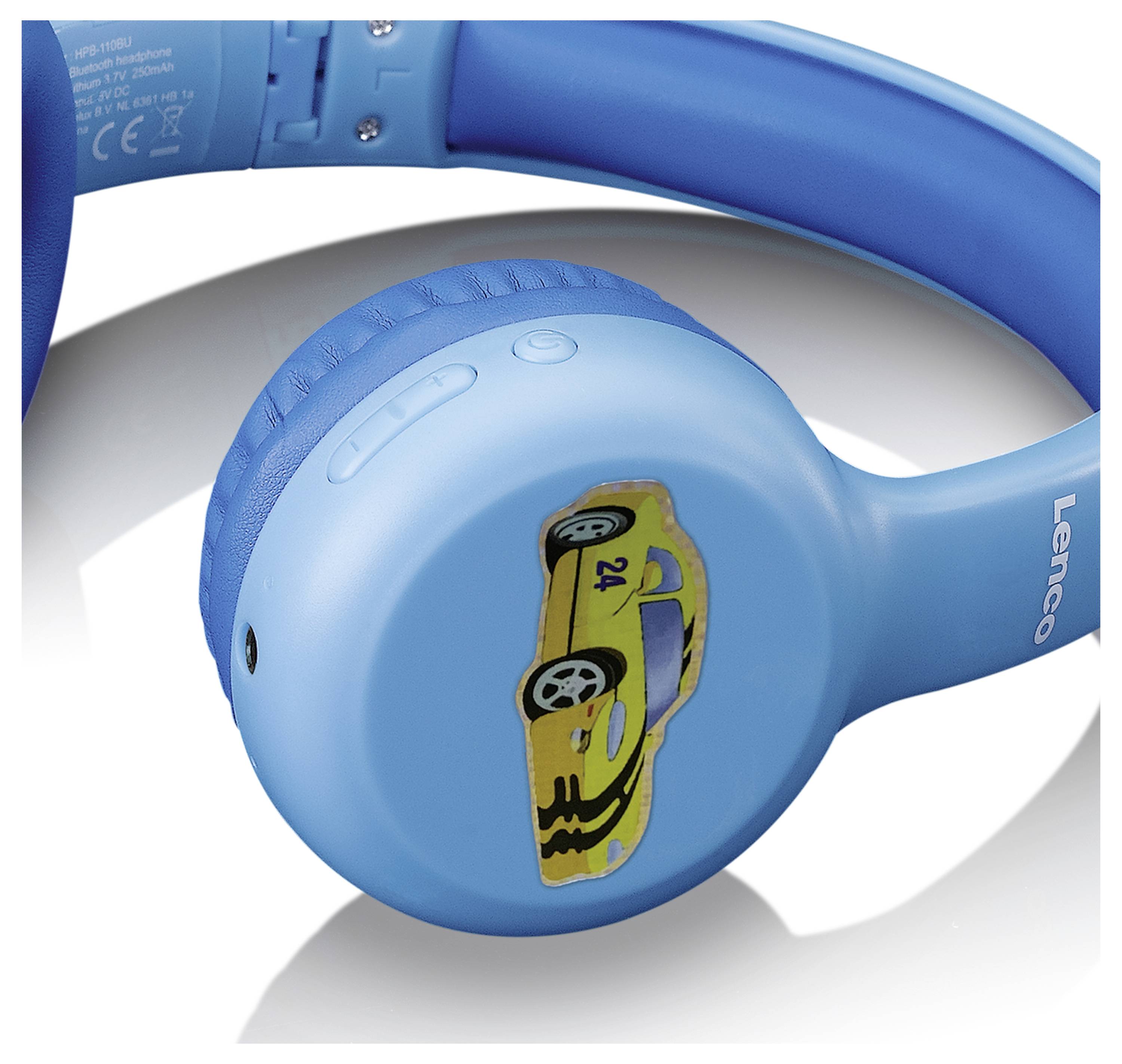 Modré sluchátka s žlutou samolepkou automobilu na mušli. Název značky 'Lenco' viditelný na straně.