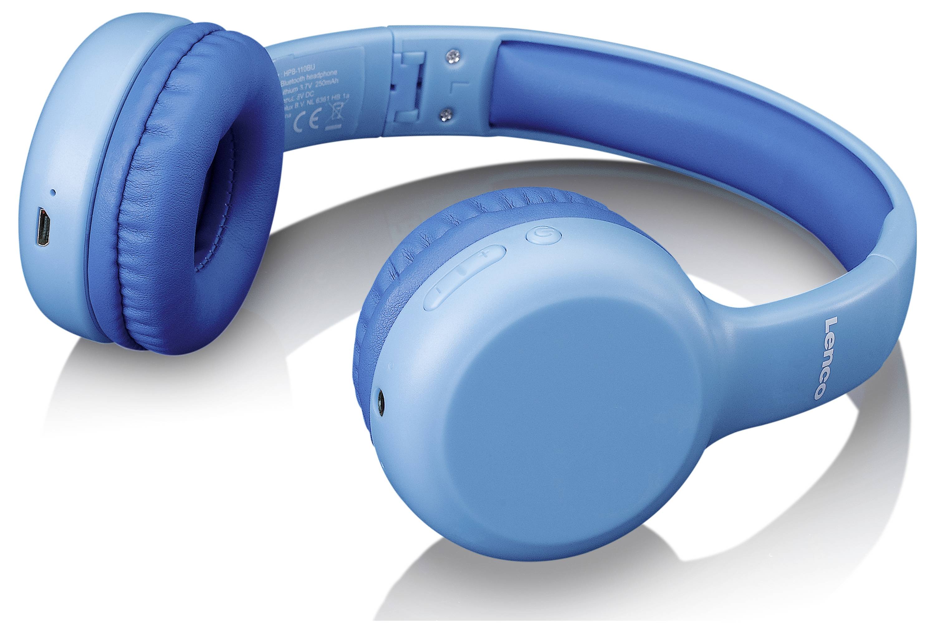 Modré bezdrátové sluchátka s polstrovanými mušlemi a ovládacími prvky po straně. Název značky 'Lenco' je umístěn na oblouku.