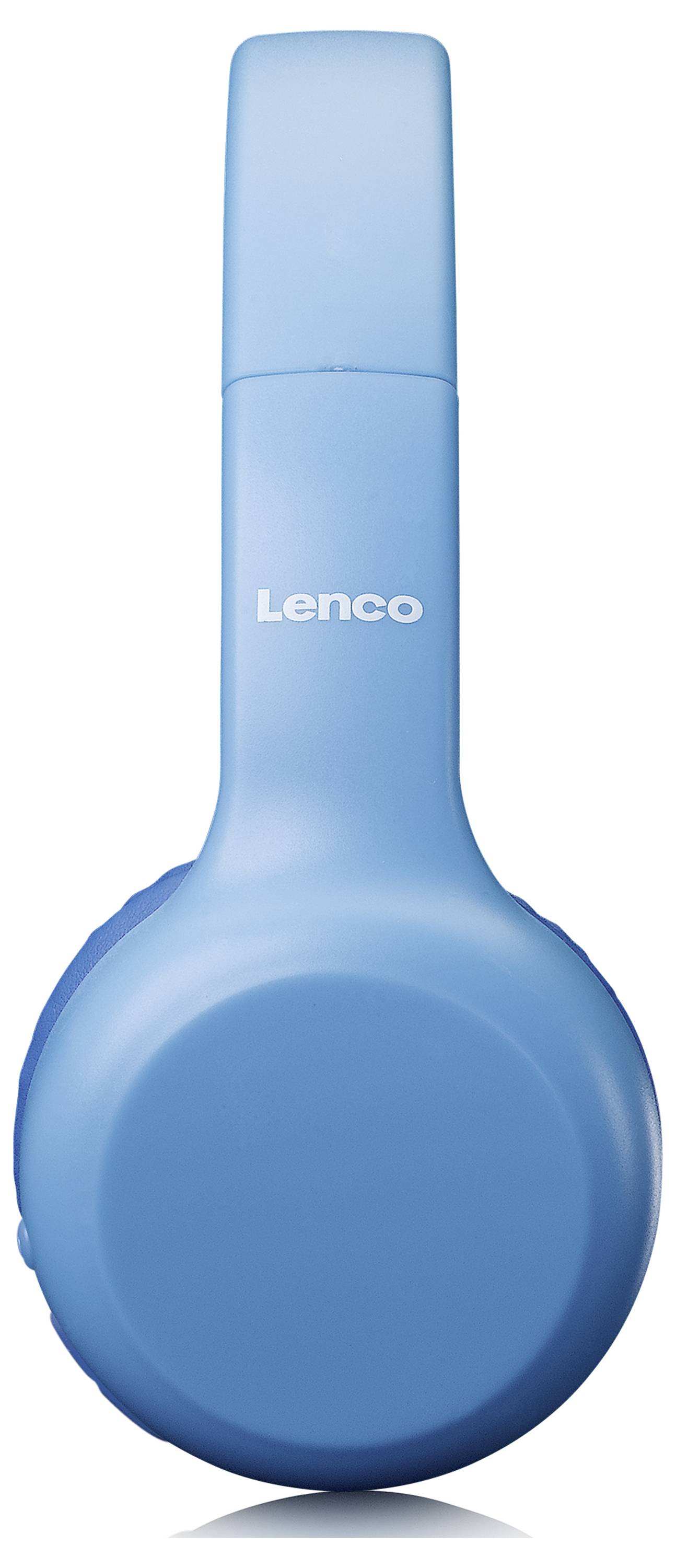 Modré uzavřené sluchátka Over-Ear s nápisem 'Lenco' na straně čelenky.
