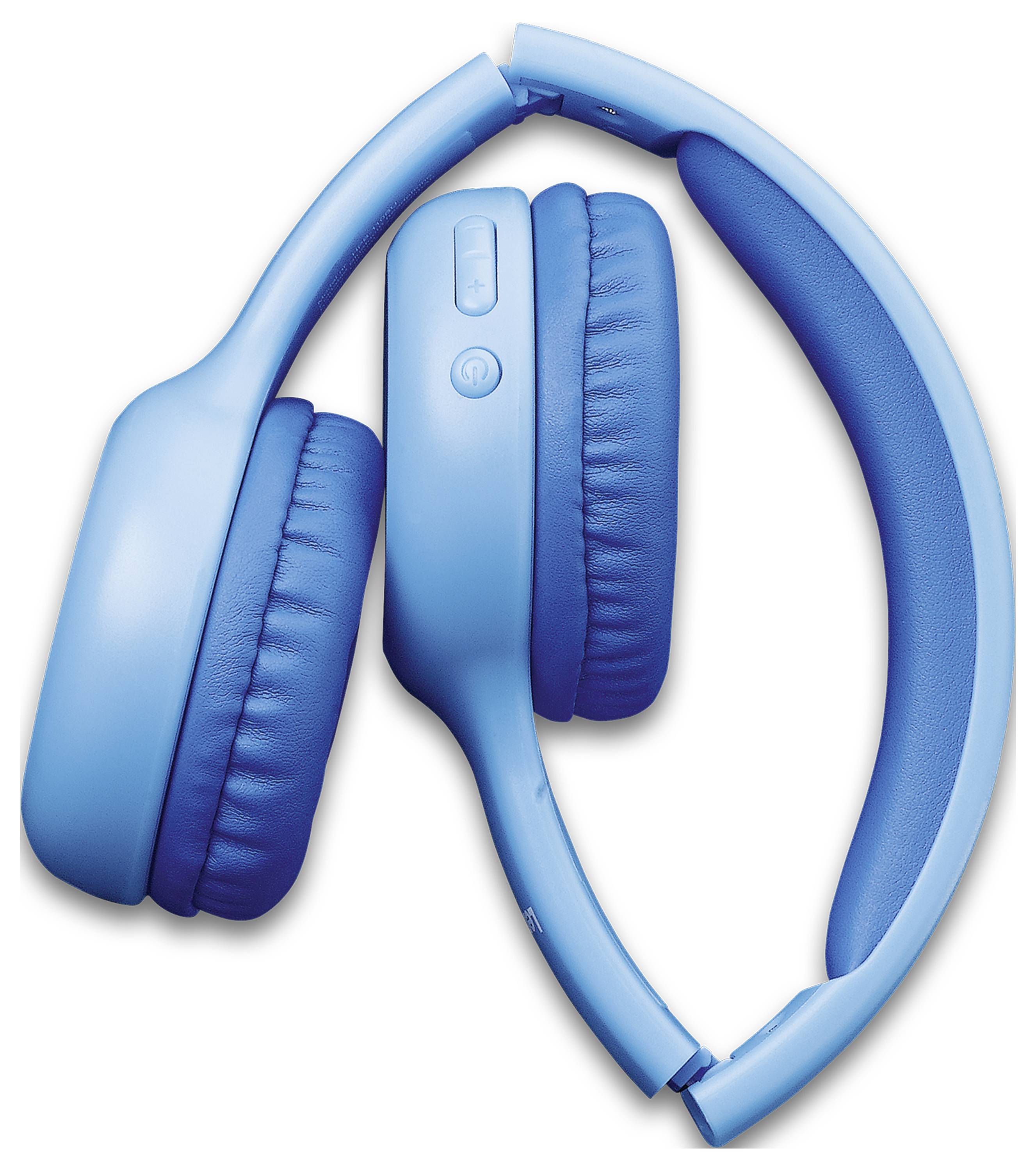 Modré bezdrátové sluchátka s polstrovanými mušlemi a ovládacími tlačítky na pravé straně ve složené poloze.
