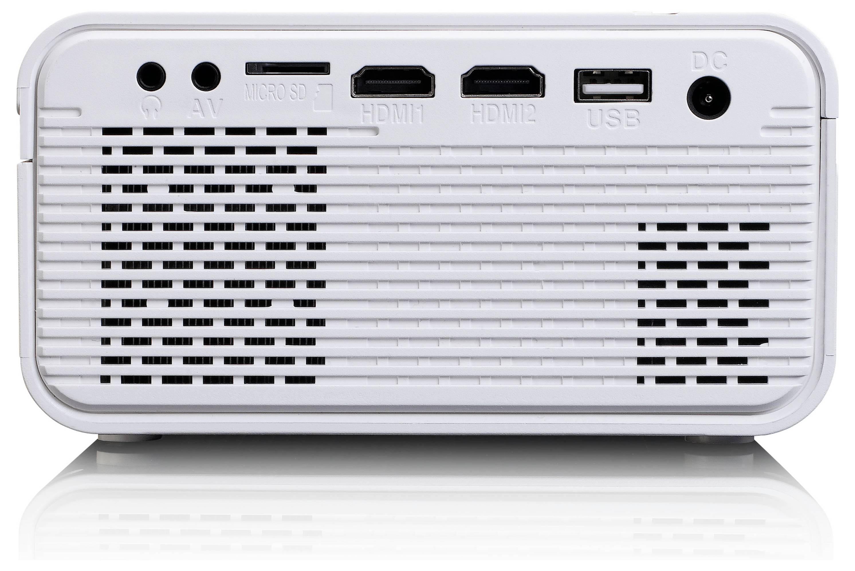 'Zadní strana bílého projektoru s konektory: AV, Micro SD, dva HDMI, USB a DC vstup.'