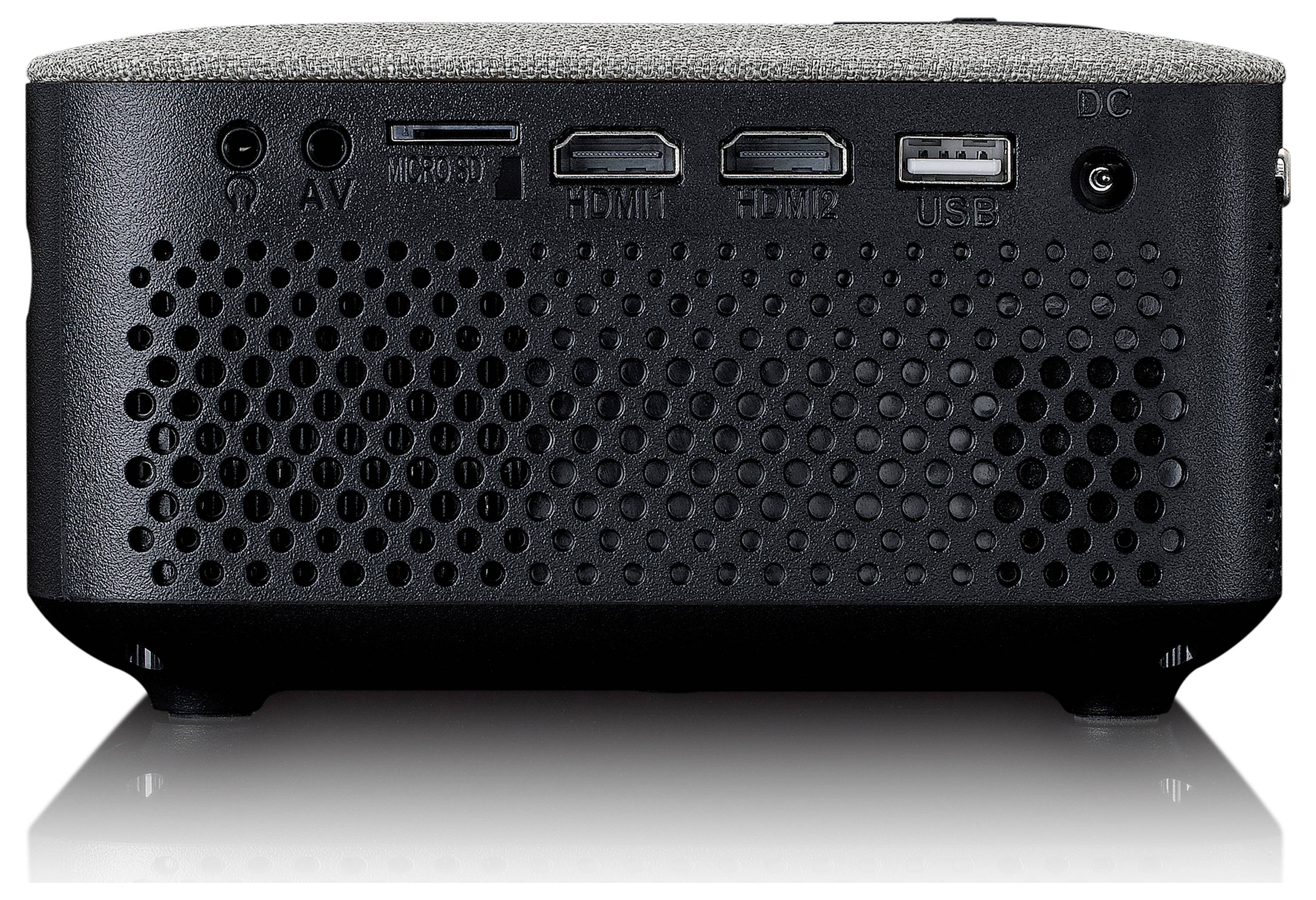 Kompaktní projektor zezadu s připojením: AV, Micro SD, HDMI, HDMI ARC, USB a napájecí DC konektor.
