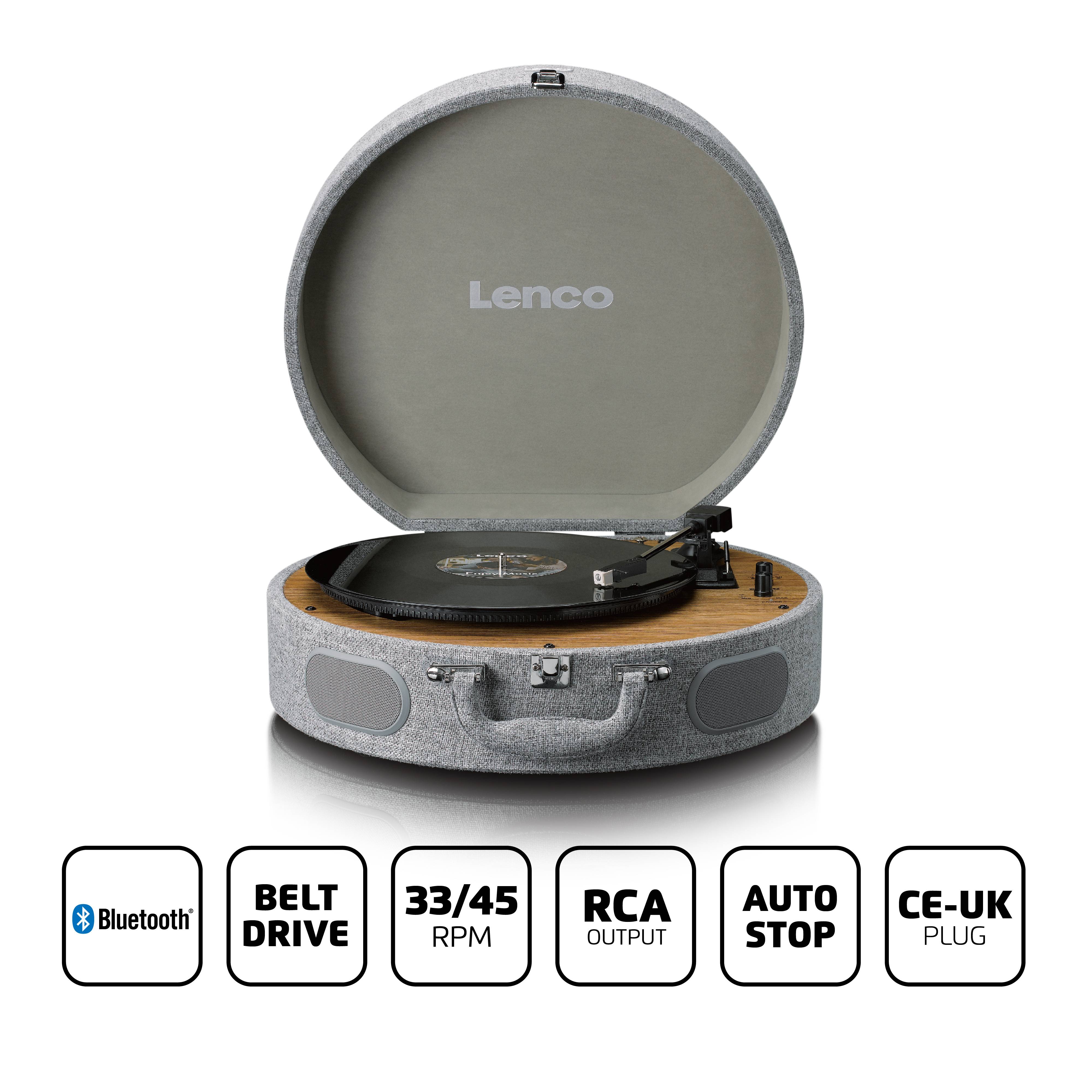 Gramofon s otevřeným kufříkovým designem, logo 'Lenco' viditelné. Vlastnosti: Bluetooth, 33/45 otáček za minutu, RCA výstup, automatické vypnutí, CE-UK zástrčka.