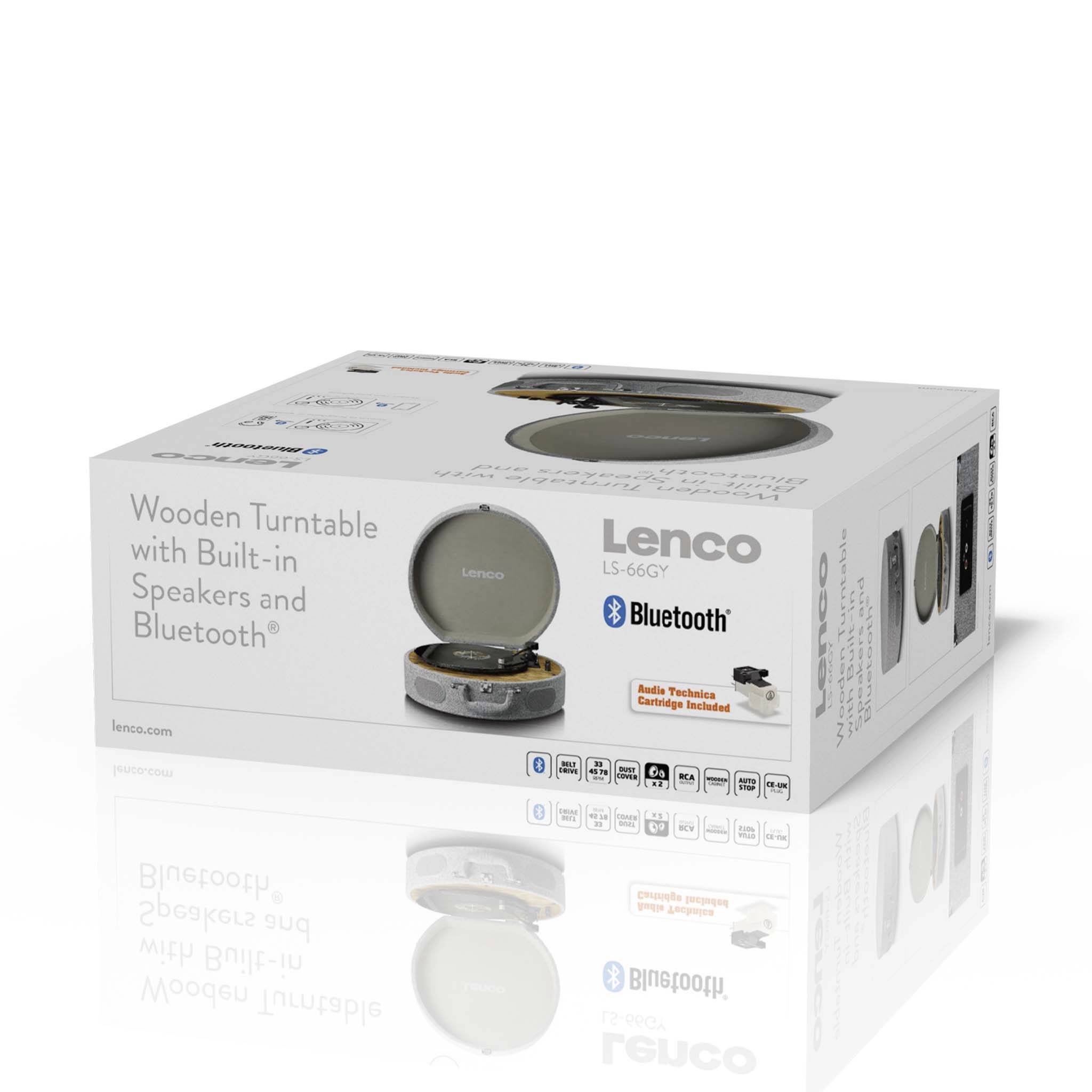 Obal krabice gramofonu Lenco s vestavěnými reproduktory, podporou Bluetooth a audio konverzí.