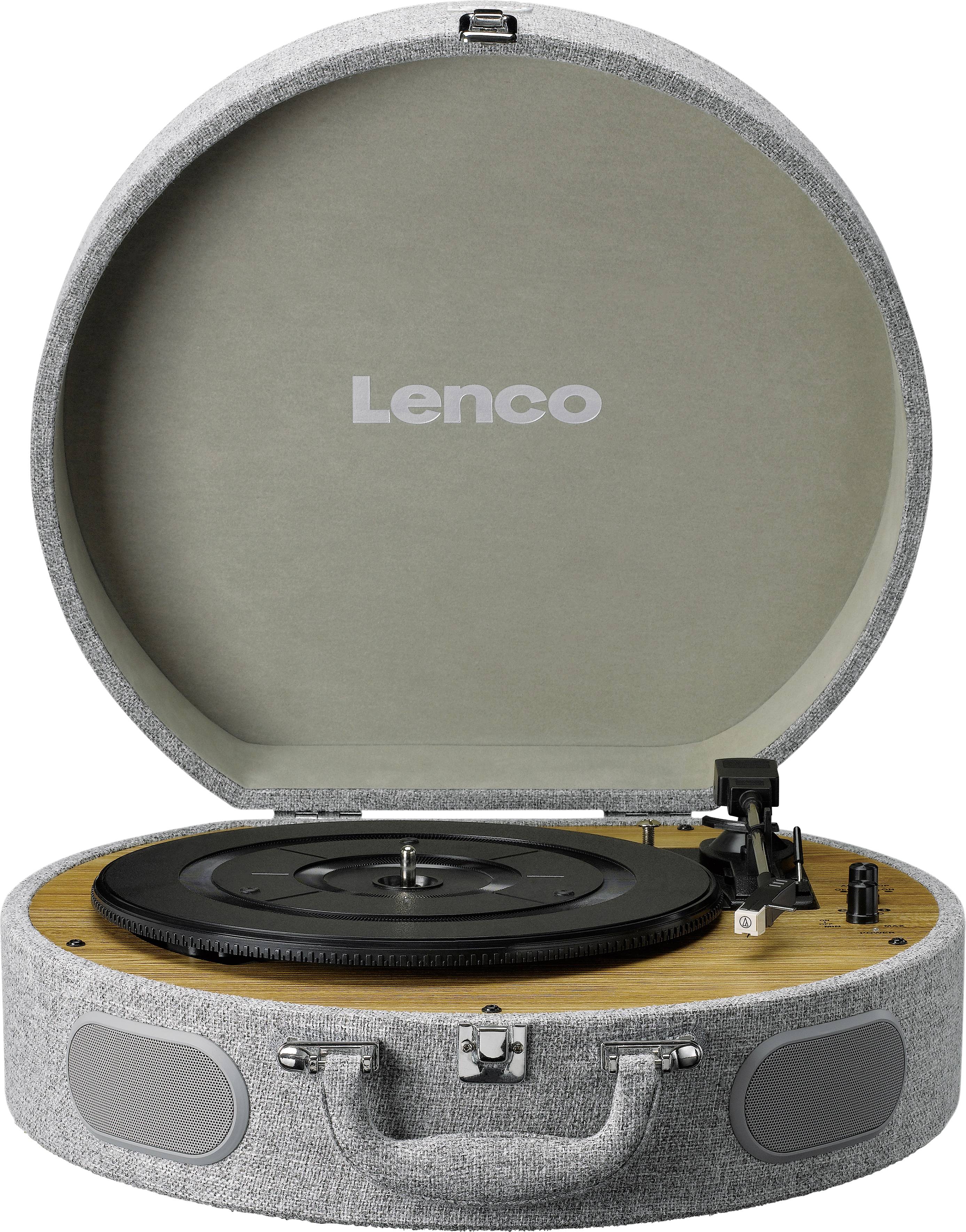 Kulatý gramofon s šedým pouzdrem a integrovaným krytem. Značka: Lenco. Vintage styl s moderními reproduktory.