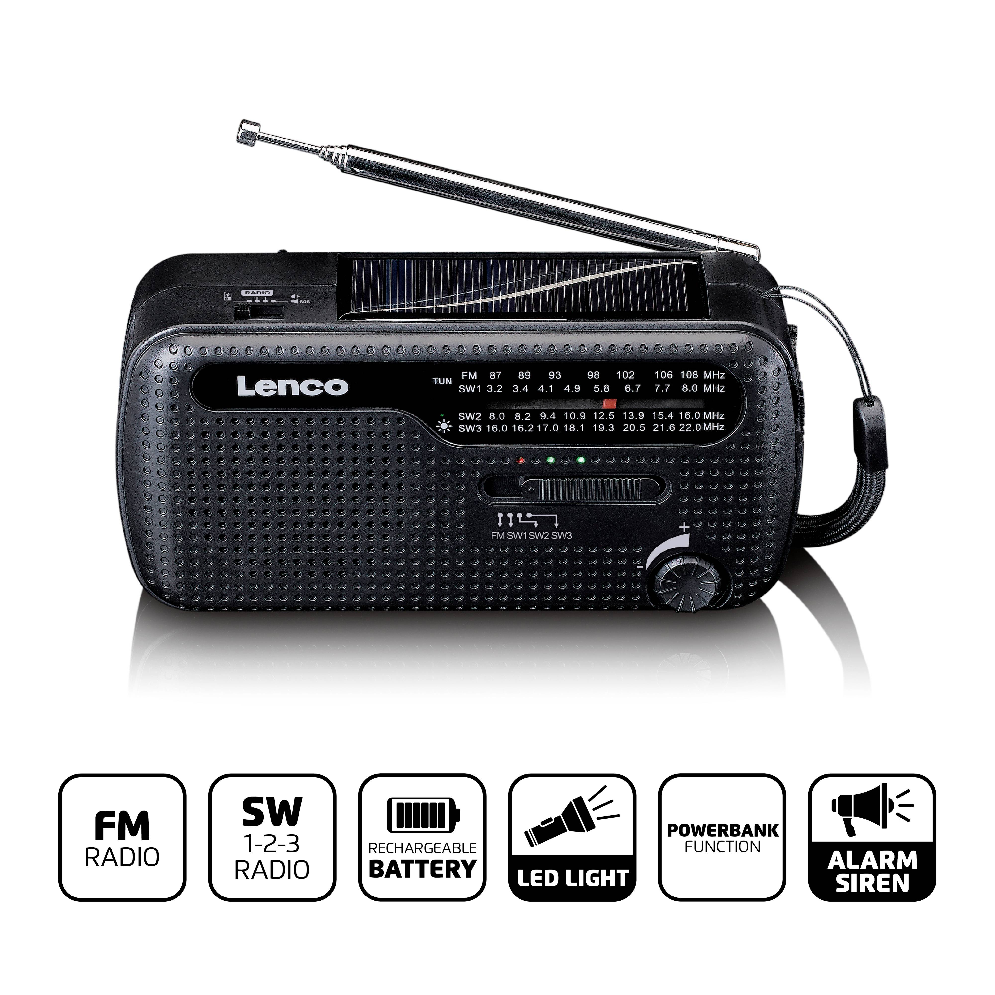 Černé přenosné rádio s teleskopickou anténou. Funkce: FM/AM/SW rádio, dobíjecí baterie, LED světlo, powerbanka, výstražná siréna.