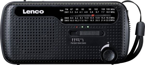 Lenco MCR-113BK MCR-113BK Nouzové rádio, FM, FM, KV (AM), KV, nouzové rádio, USB, FM, stolní lampa, Ruční klika, Funkce powerbanky, s akumulátorem, Solární panel, černá