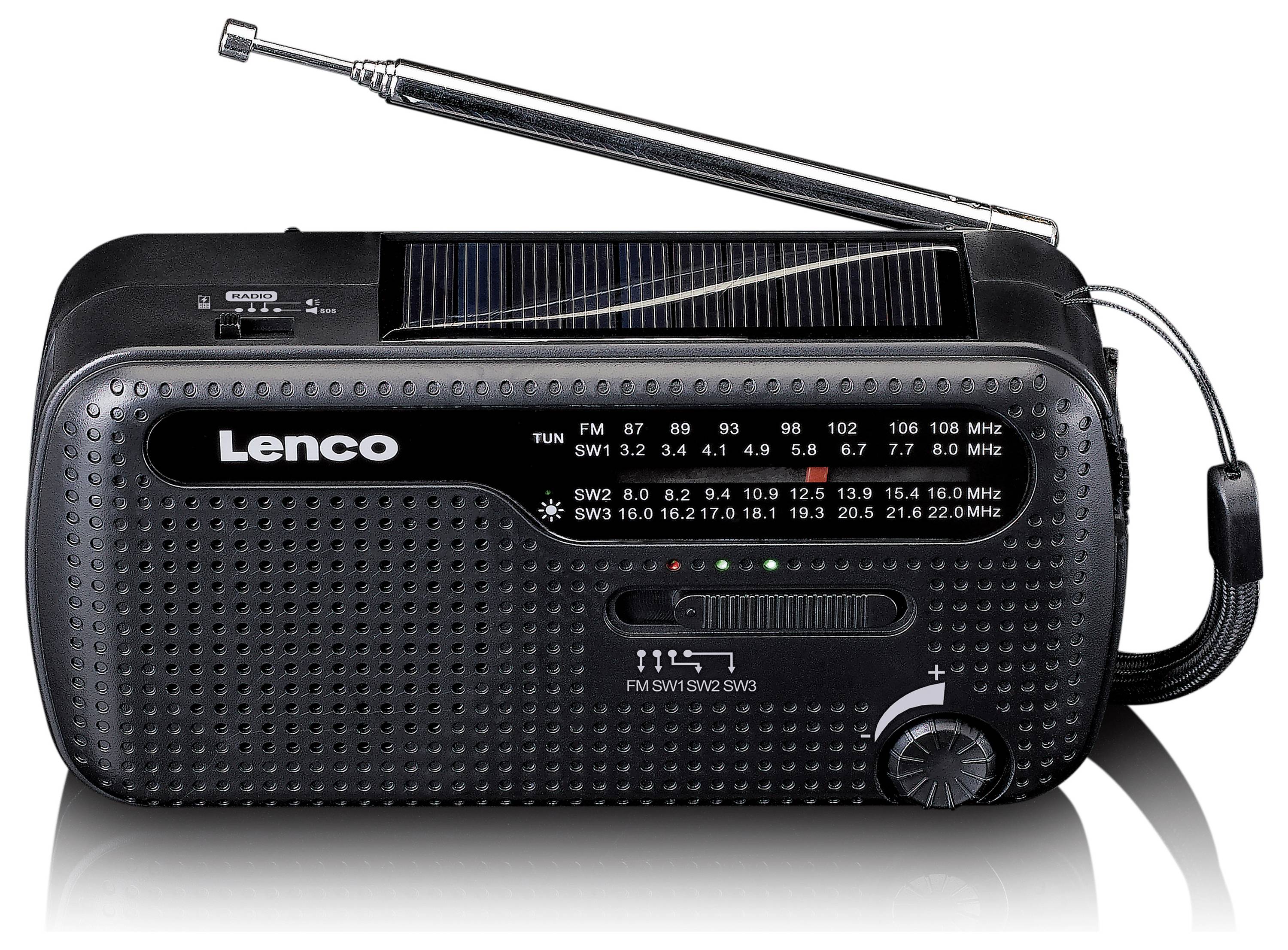 Přenosné černé rádio s teleskopickou anténou, nastavením frekvence a ovladačem hlasitosti. Viditelný název značky 'Lenco'.