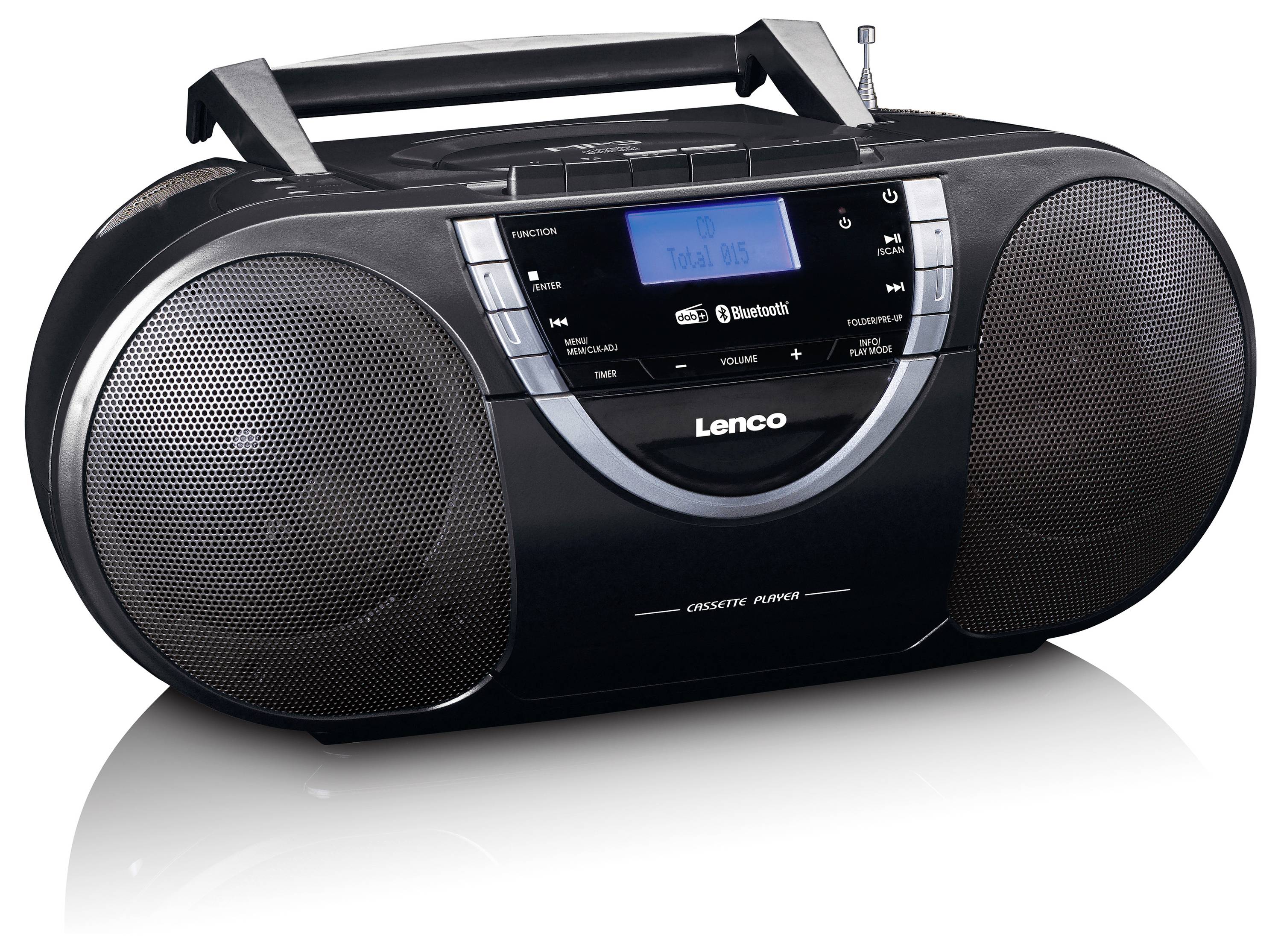 Černý přenosný CD přehrávač s reproduktory, Bluetooth a digitálním displejem, zobrazuje 'Stopa 01'. Vhodný pro přehrávání hudby.