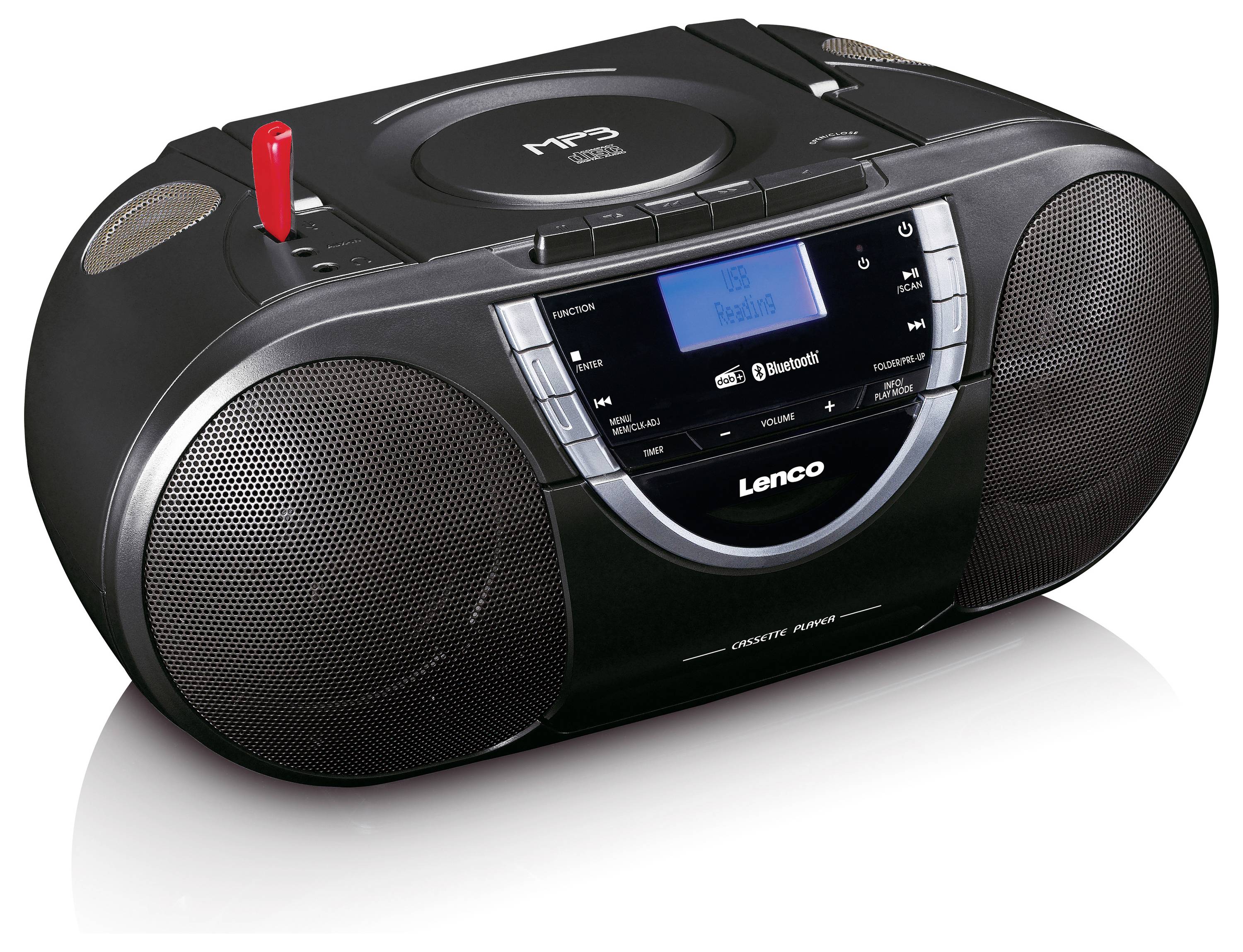 Černý přenosný CD přehrávač s Bluetooth, rádiem a funkcí MP3.