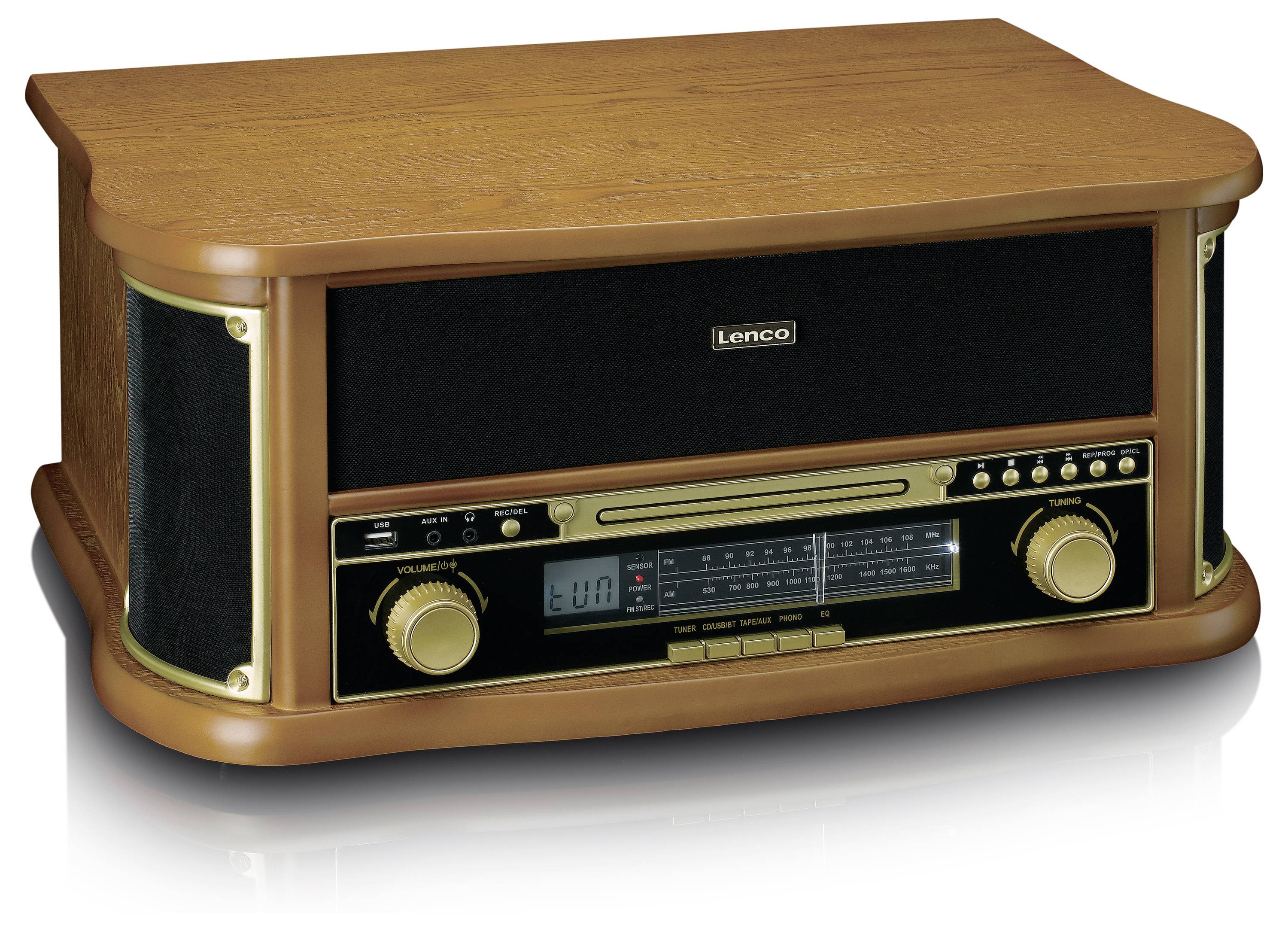 Dřevěné rádio v retro designu s digitálním displejem, ovladačem hlasitosti a rozhlasovou stupnicí.