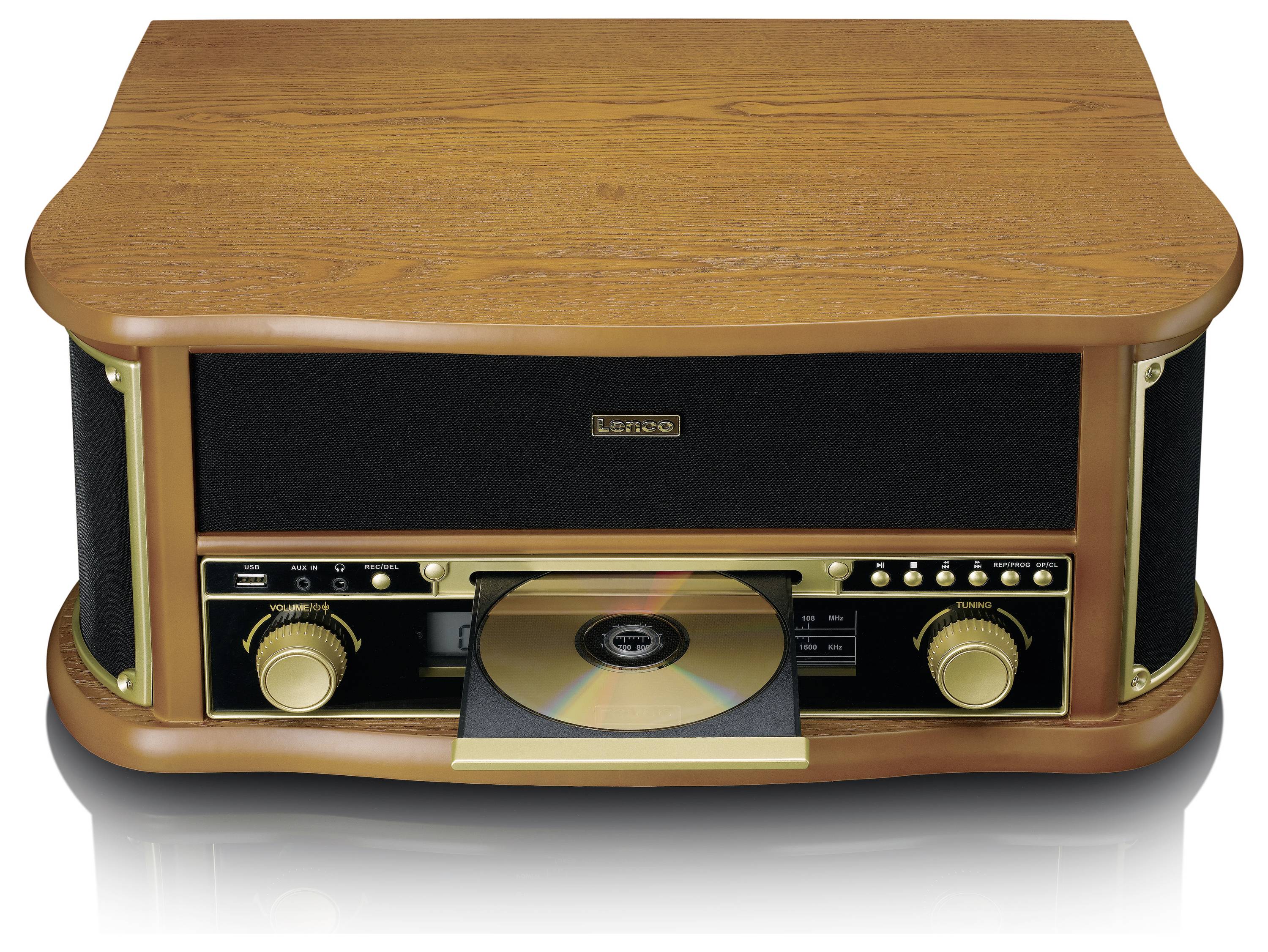 Retro hudební systém se dřevěnou skříní zobrazuje CD přehrávač s otevřenou zásuvkou a vestavěnými reproduktory.
