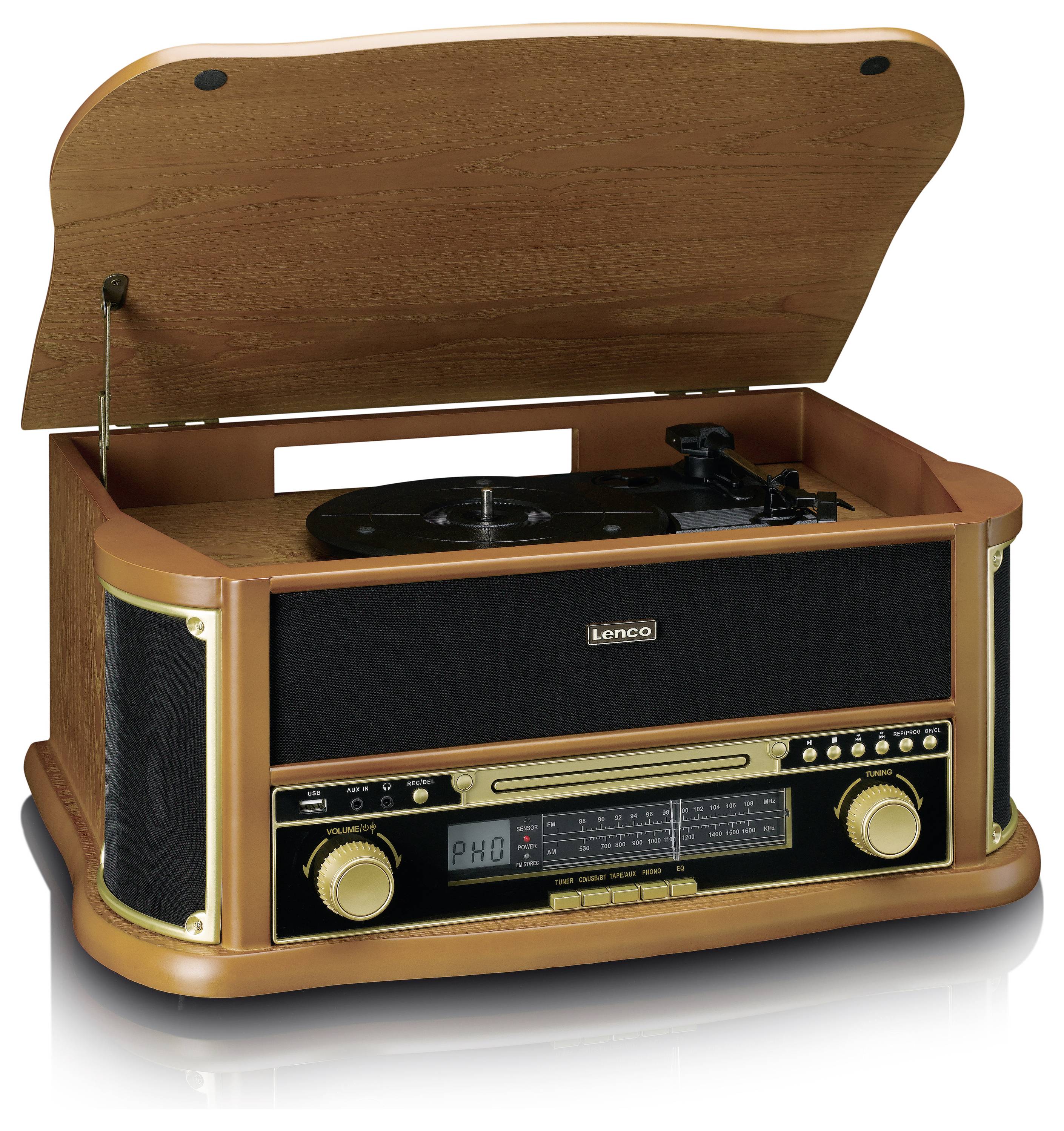 Dřevěný gramofon s otevřeným krytem, integrovanými reproduktory, otočnými ovladači a rádiovým tunerem. Na přední straně nápis značky 'Lenco'.