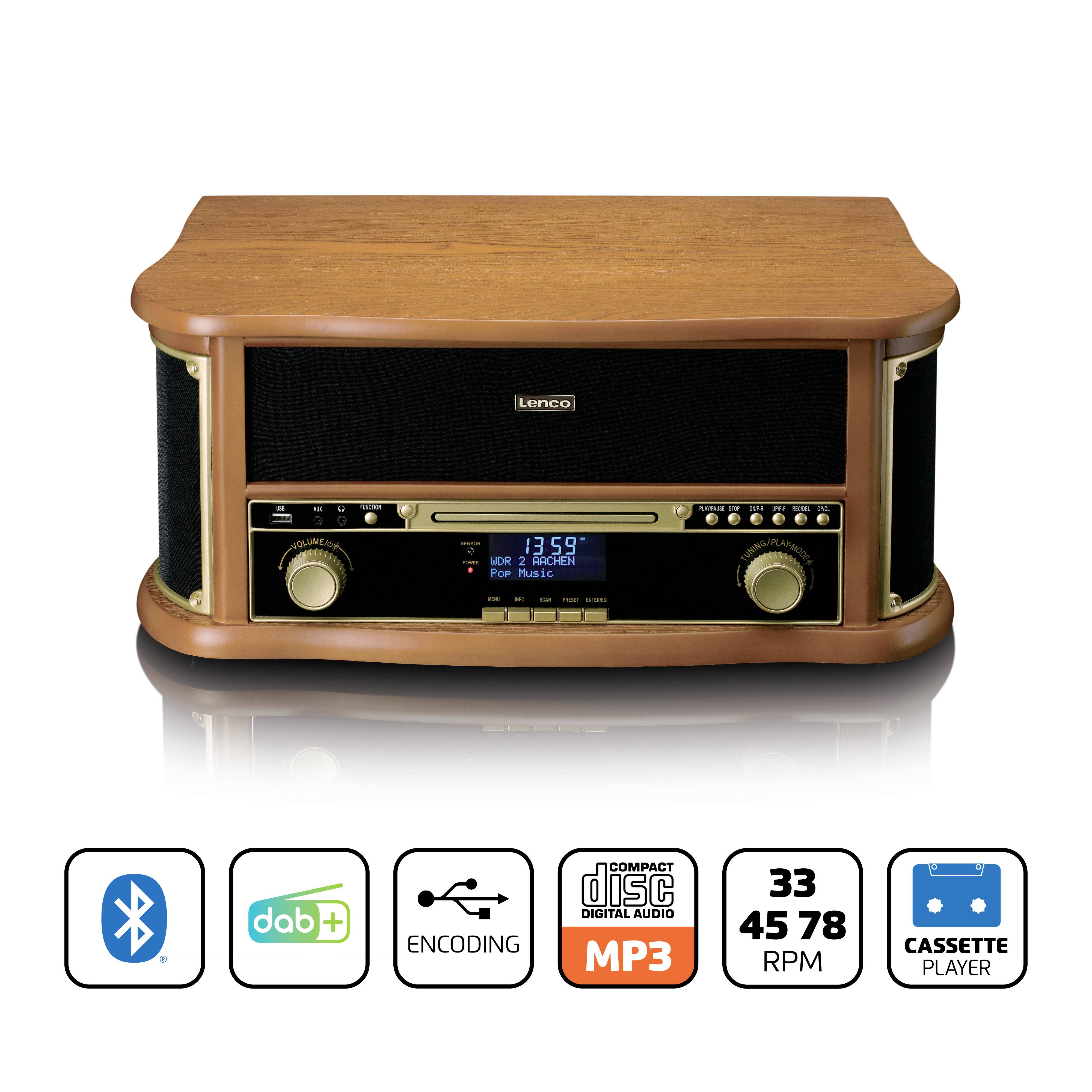 Kompaktní hudební systém v retro stylu s funkcemi jako Bluetooth, DAB+, CD, MP3, kazetový přehrávač a různými otáčkami.