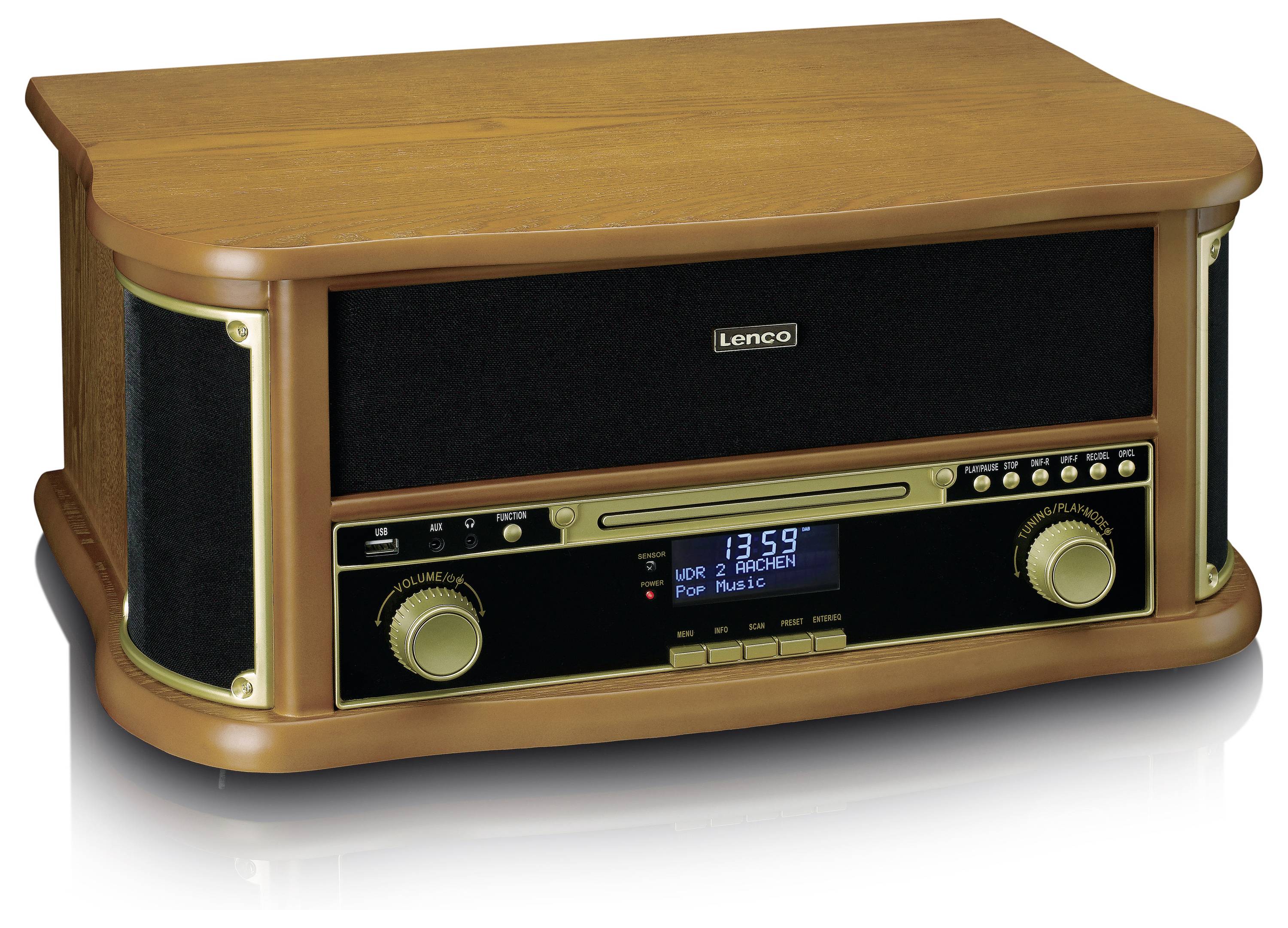 Dřevěné rádio s černě a zlatě laděnými ovládacími prvky a digitálním displejem. Značka „Lenco" je umístěna centrálně.