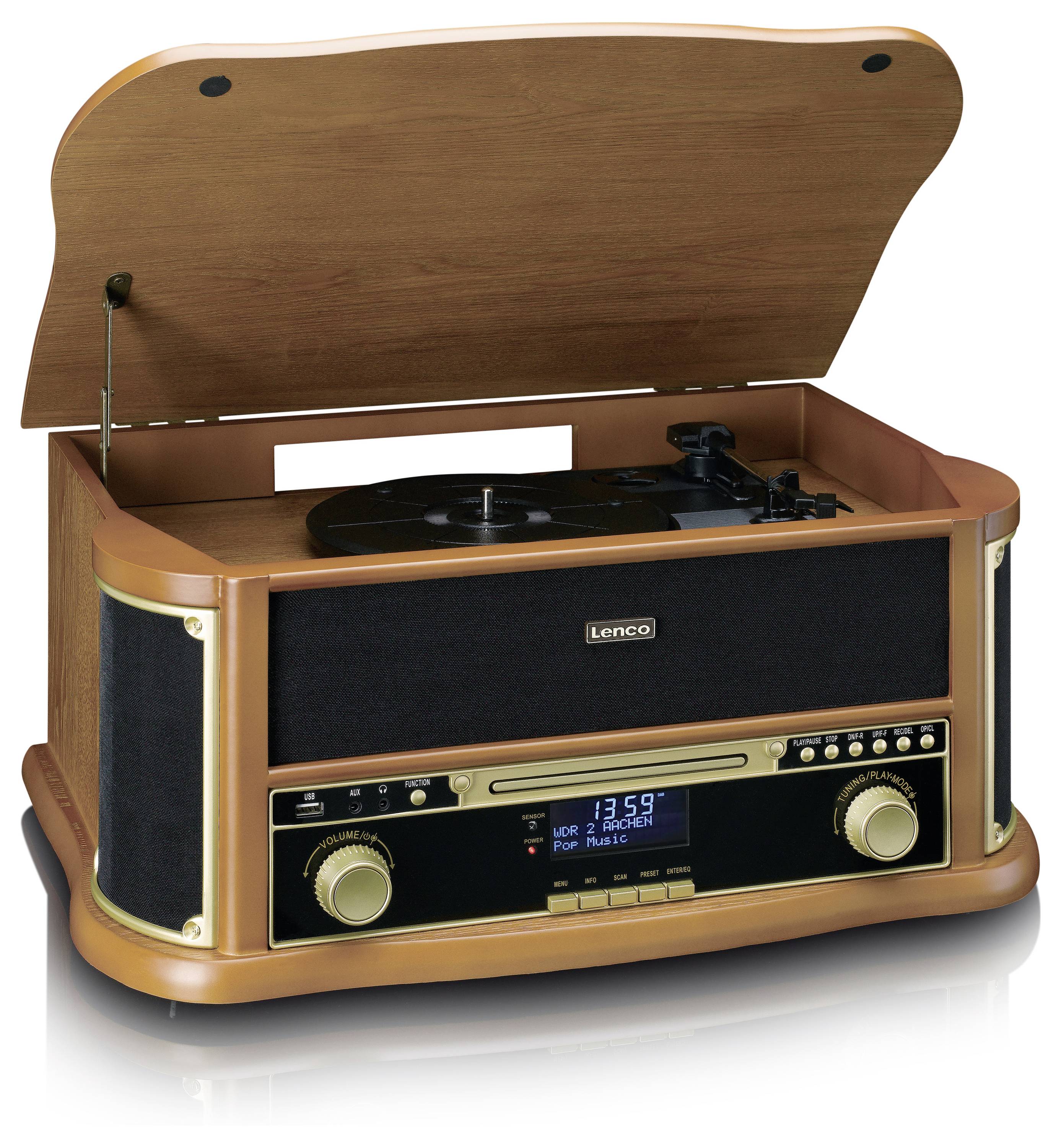 Retro gramofon ve dřevěném provedení s otevřeným víkem, reproduktory a vestavěným rádiem. Zobrazuje čas a hudební režim.