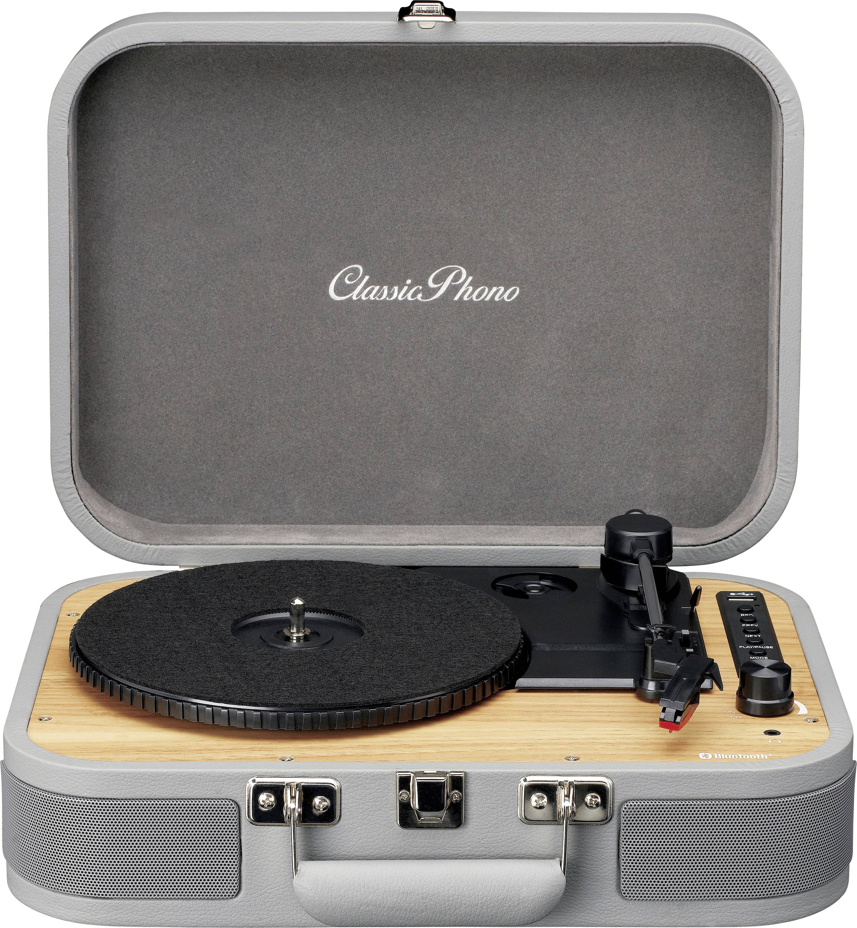 Gramofon ve světle šedém otevřeném kufříku. Víko je opatřeno nápisem 'ClassiaPhono'.