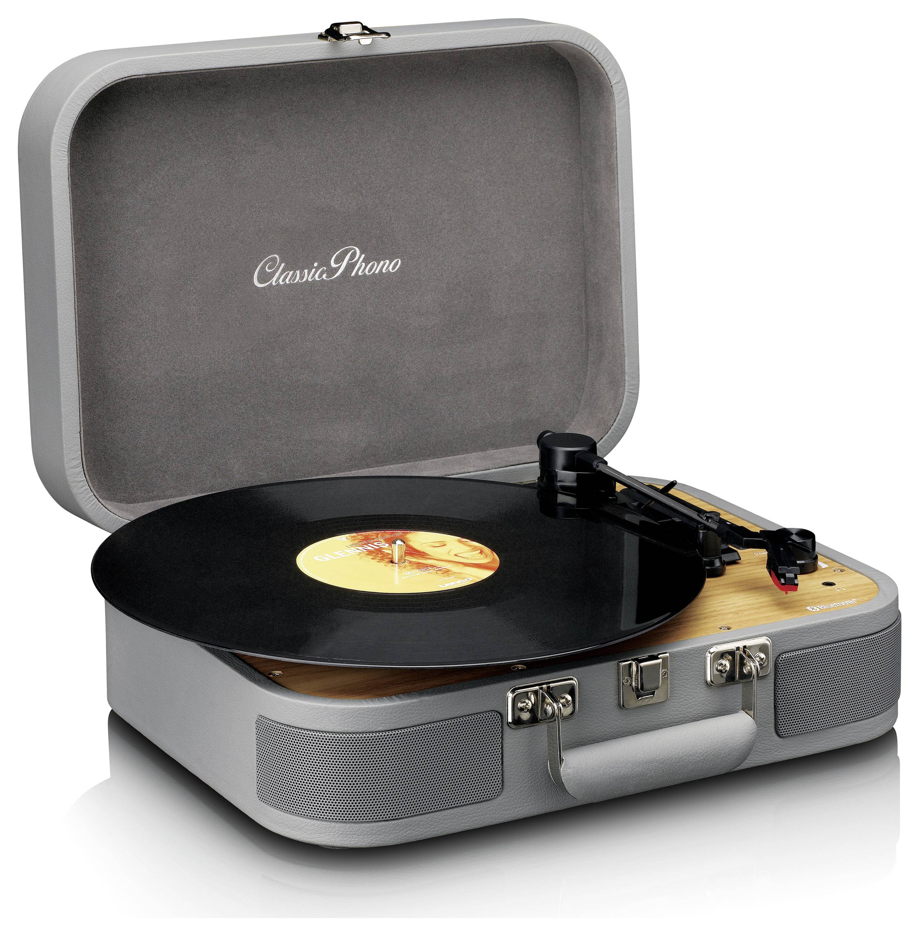 Gramofon v otevřeném kufříkovém designu s rotující gramofonovou deskou. Nahoře je nápis 'Classic Phono'.