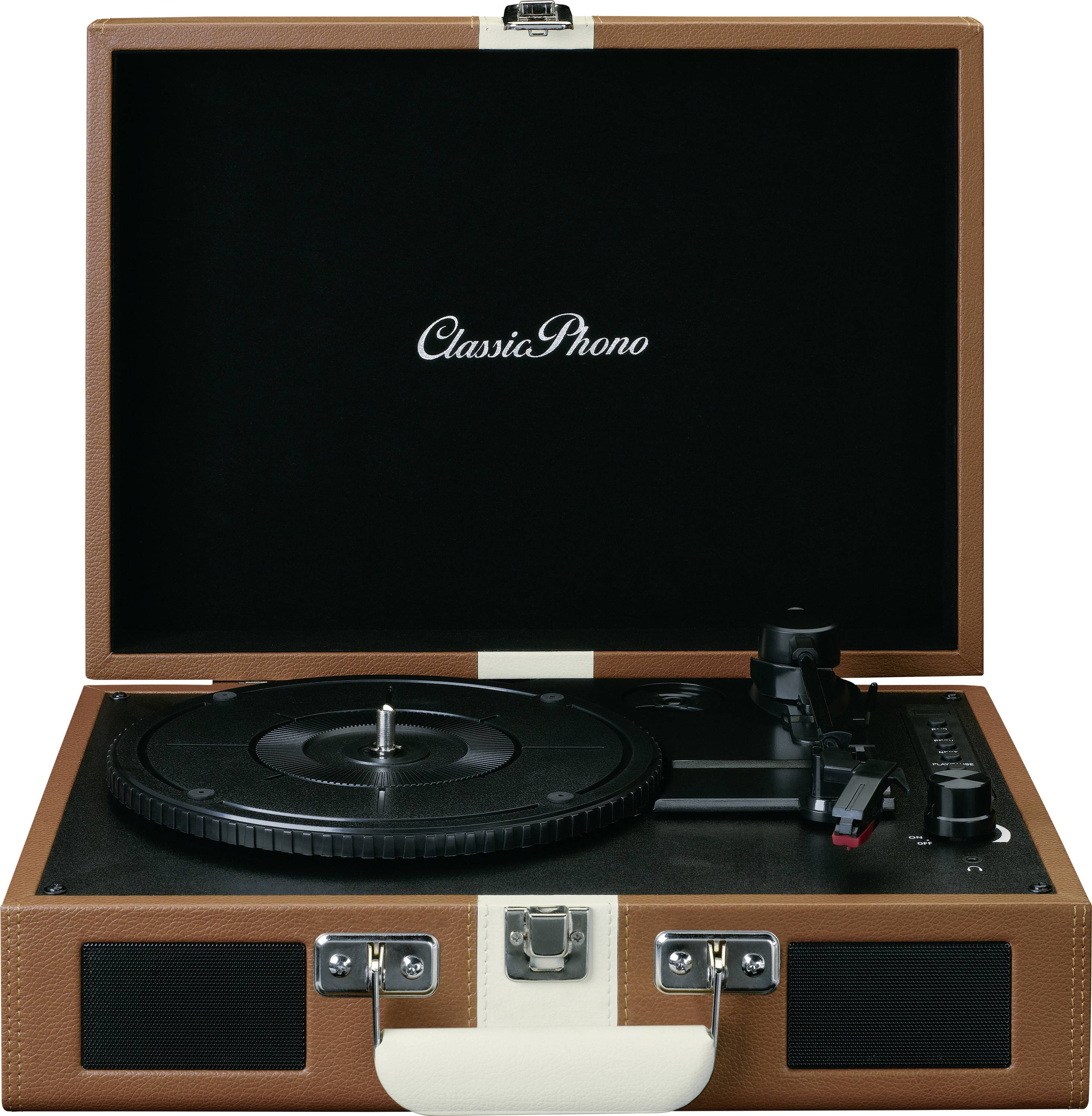 Otevřený hnědý gramofon v designu kufříku s nápisem 'Classic Phono' na vnitřní straně víka.