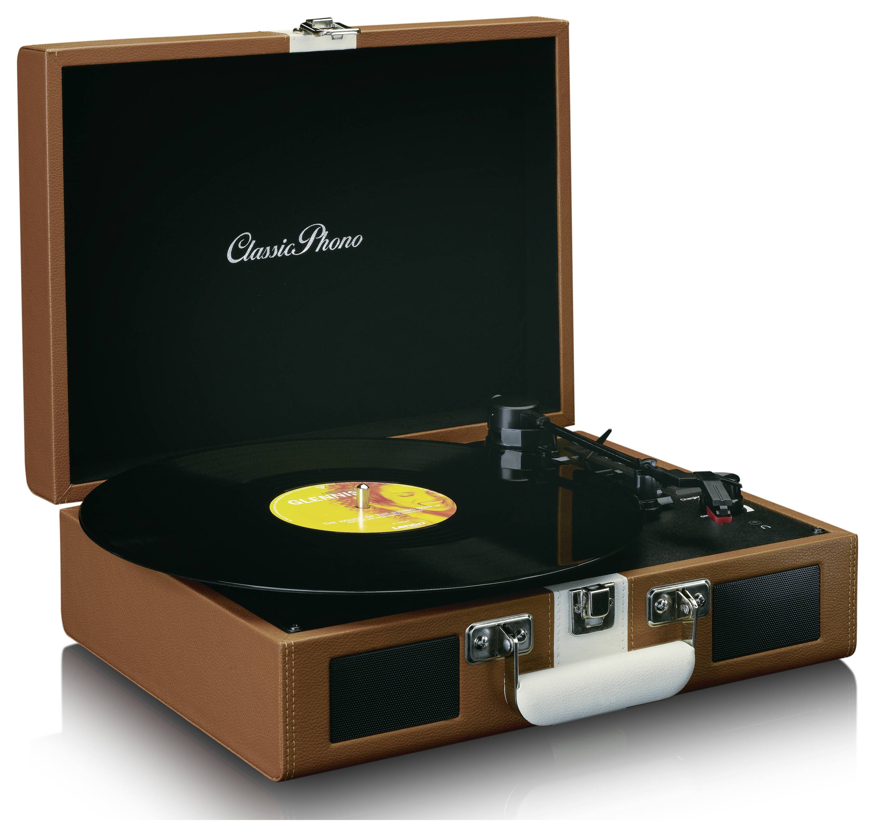 Hnědý kufříkový gramofon s vinylovou deskou na talíři. Na gramofonu je nápis 'Classic Phono'.
