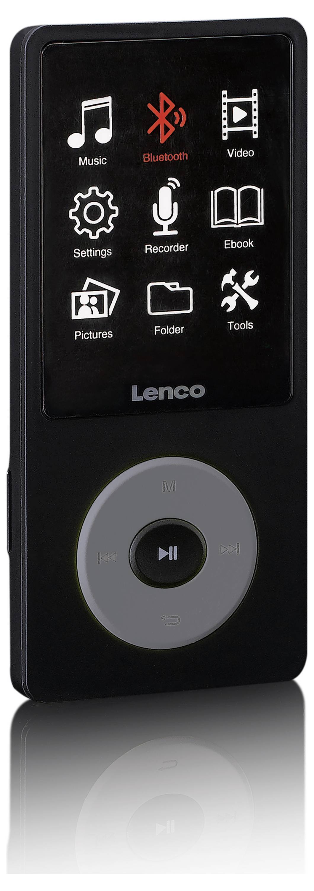 Černý MP3 přehrávač s kulatým ovládacím polem, zobrazující symboly pro hudbu, Bluetooth, video, nastavení, nahrávání, elektronické knihy, obrázky, složky a nástroje.