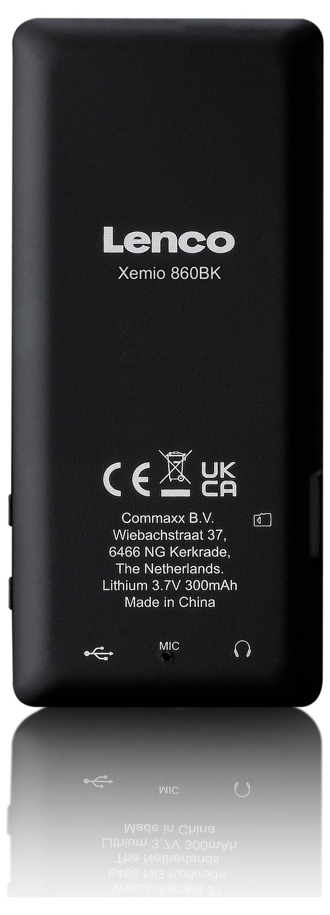 Černý přístroj Lenco, model 'Xemio 860BK', zobrazuje adresu výrobce v Nizozemsku a specifikace včetně lithiové baterie 300mAh.