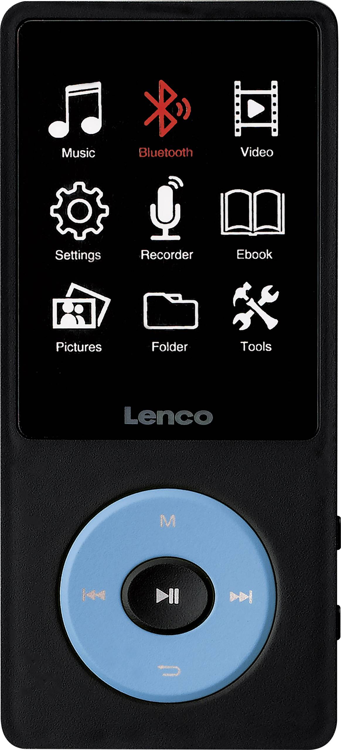 Černý přenosný MP3 přehrávač s modrým ovládacím panelem. Na displeji jsou zobrazeny ikony pro hudbu, Bluetooth, video, nastavení a další.