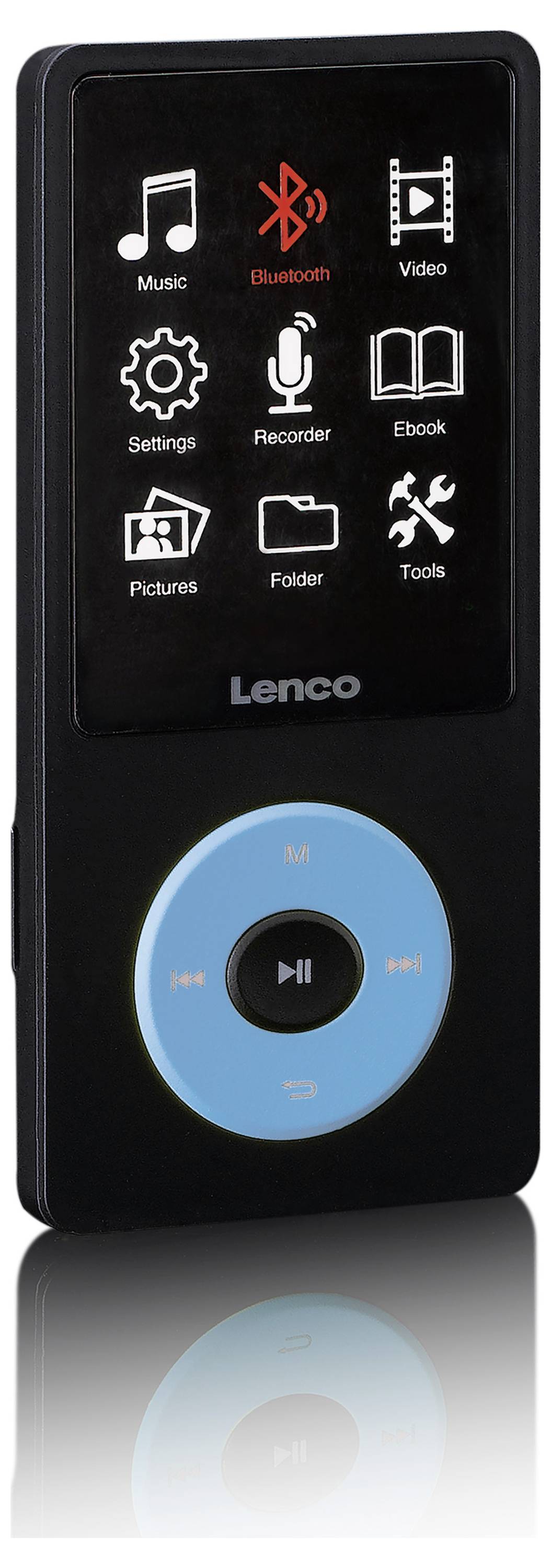 Přenosný MP3 přehrávač s černým tělem, modrým ovládacím panelem a displejem zobrazujícím symboly hudby, videa, Bluetooth a nastavení.