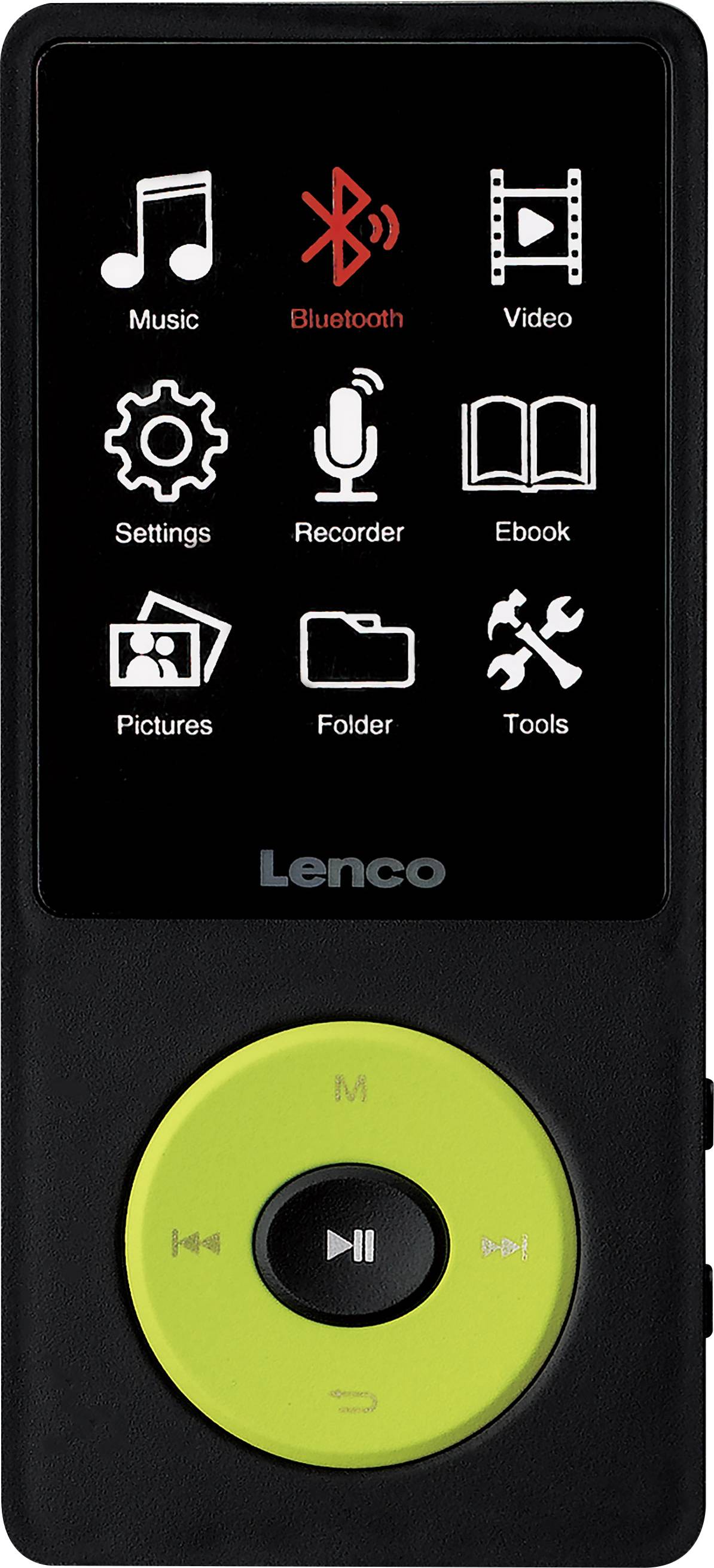 Přenosný MP3 přehrávač s barevným displejem, možností Bluetooth a žlutým ovládacím kroužkem. Viditelné ikony pro hudbu, video a nastavení.