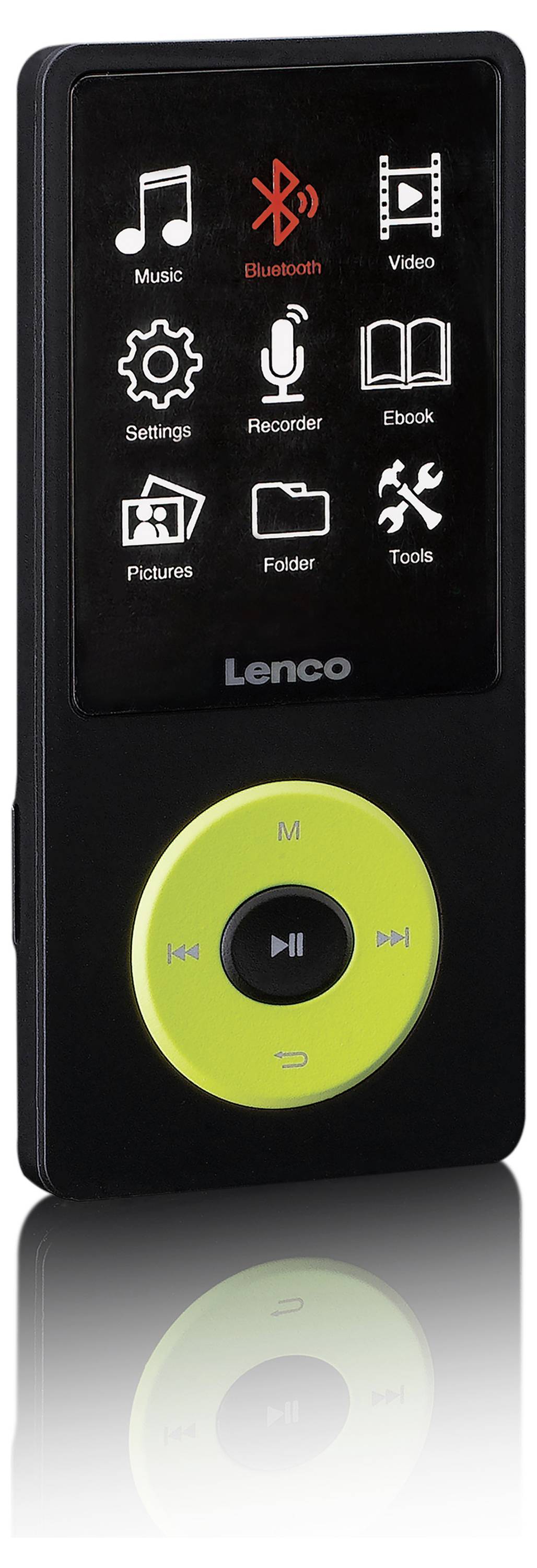 Přenosný MP3 přehrávač Lenco s 1,8palcovým displejem, ovládacími tlačítky a menu ikonami pro hudbu, Bluetooth, video, nastavení a další funkce.