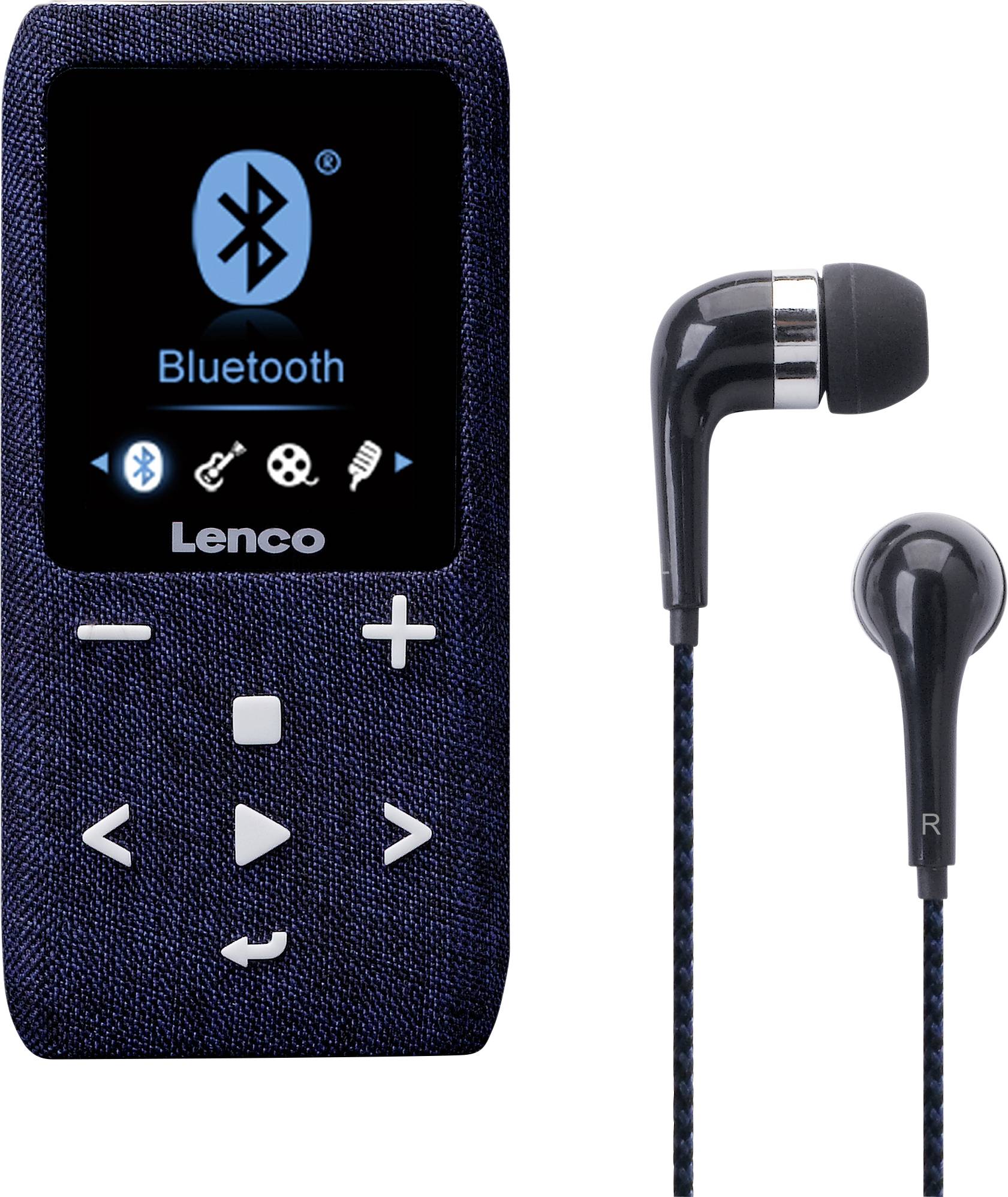 Přenosný MP3 přehrávač s funkcí Bluetooth a příslušnými kabelovými sluchátky. Displej zobrazuje logo Bluetooth a symboly.