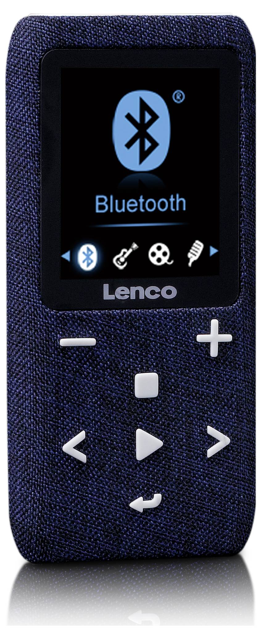 Přenosný audiový přehrávač s displejem zobrazuje symbol Bluetooth a pět ikon pro hudbu, nastavení a funkce.