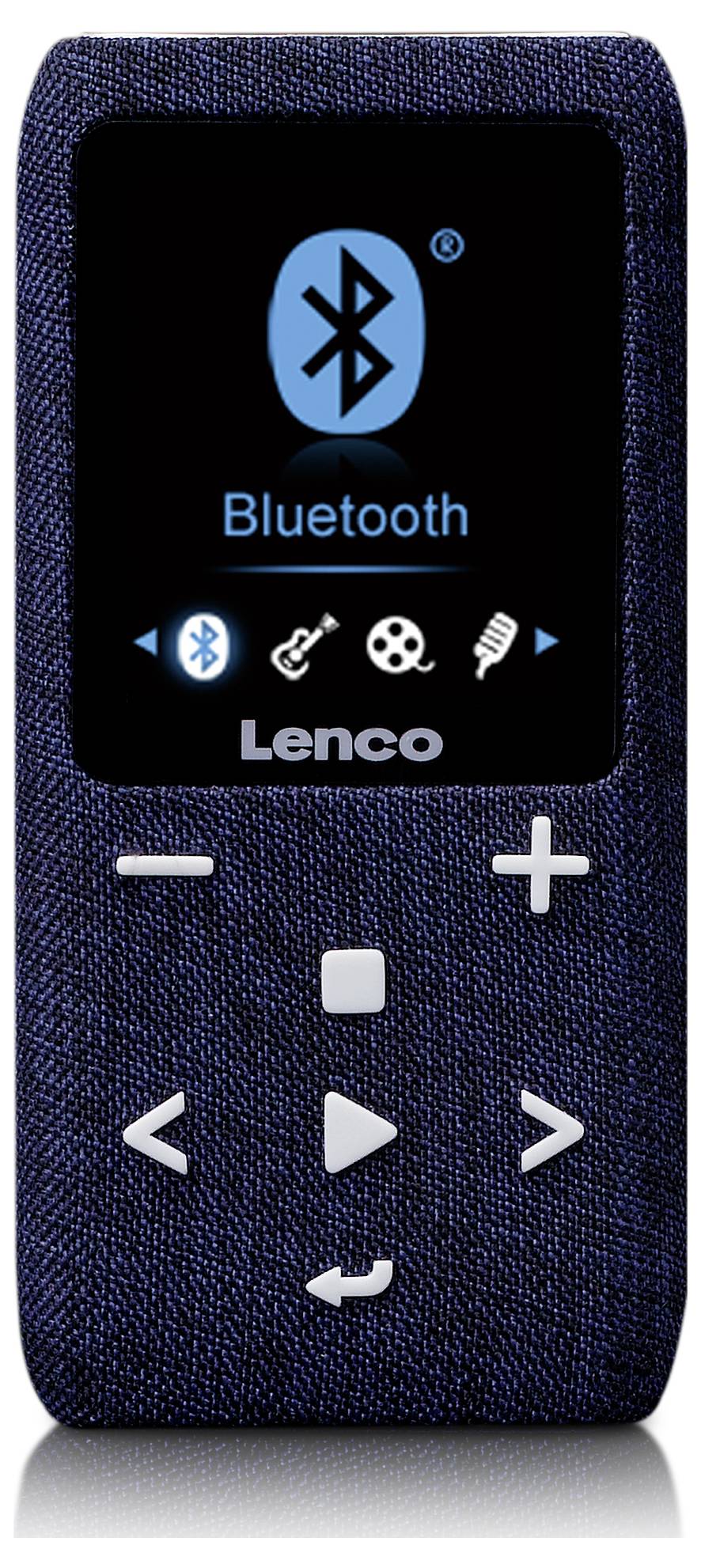 Modrý přenosný hudební přehrávač s displejem, který zobrazuje funkci Bluetooth, ikony pro hudbu, video a mikrofon a ovládací tlačítka.