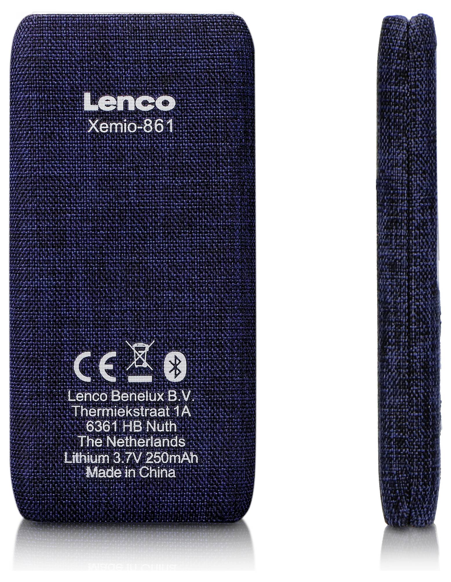 Tmavě modrý MP3 přehrávač s nápisem 'Lenco Xemio-861'. Zobrazuje CE označení a výrobní údaje v bílé barvě.
