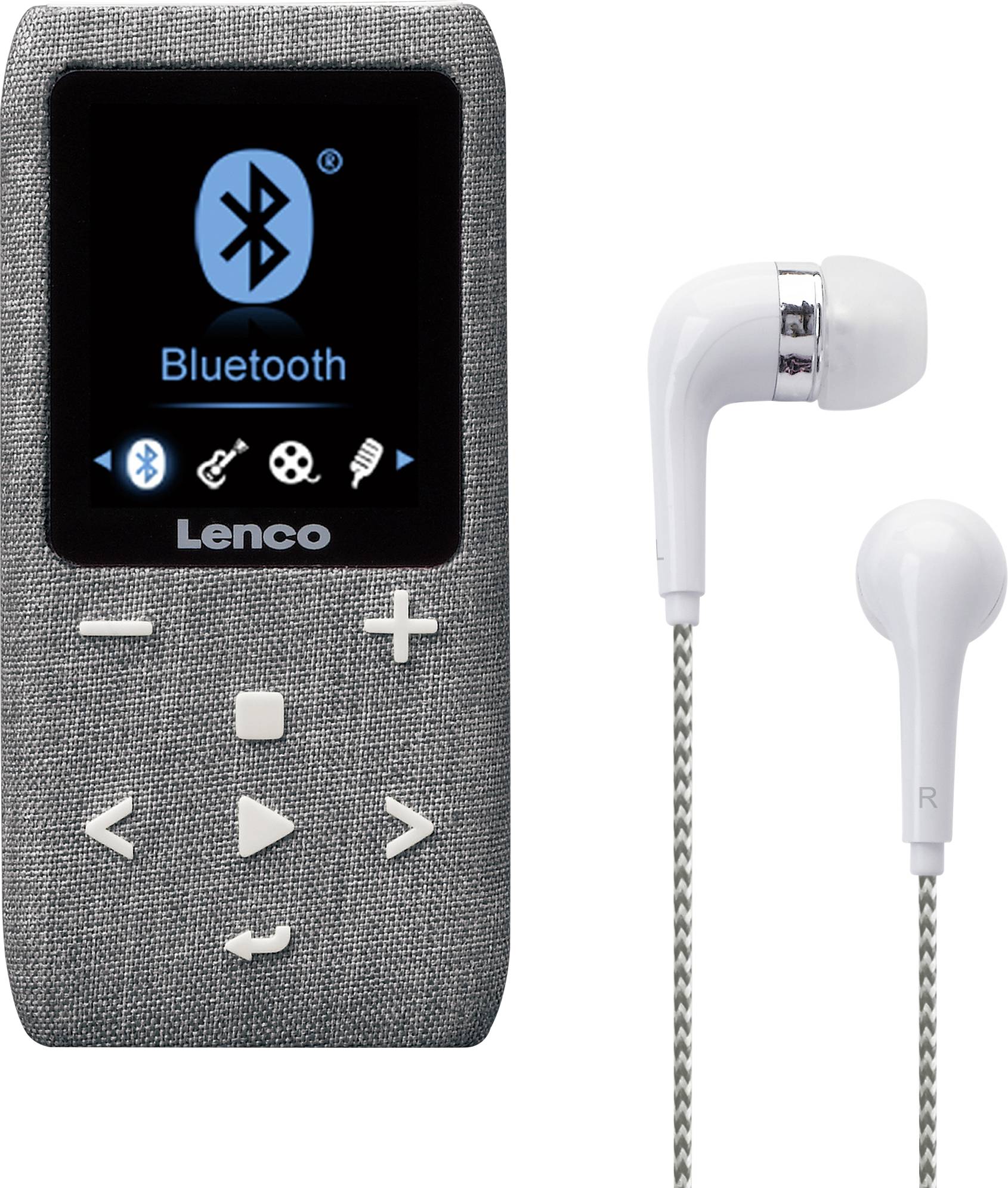 Přenosný hudební přehrávač s šedou texturou, indikátorem Bluetooth a bílými sluchátkami. Na displeji označený logem 'Lenco'.