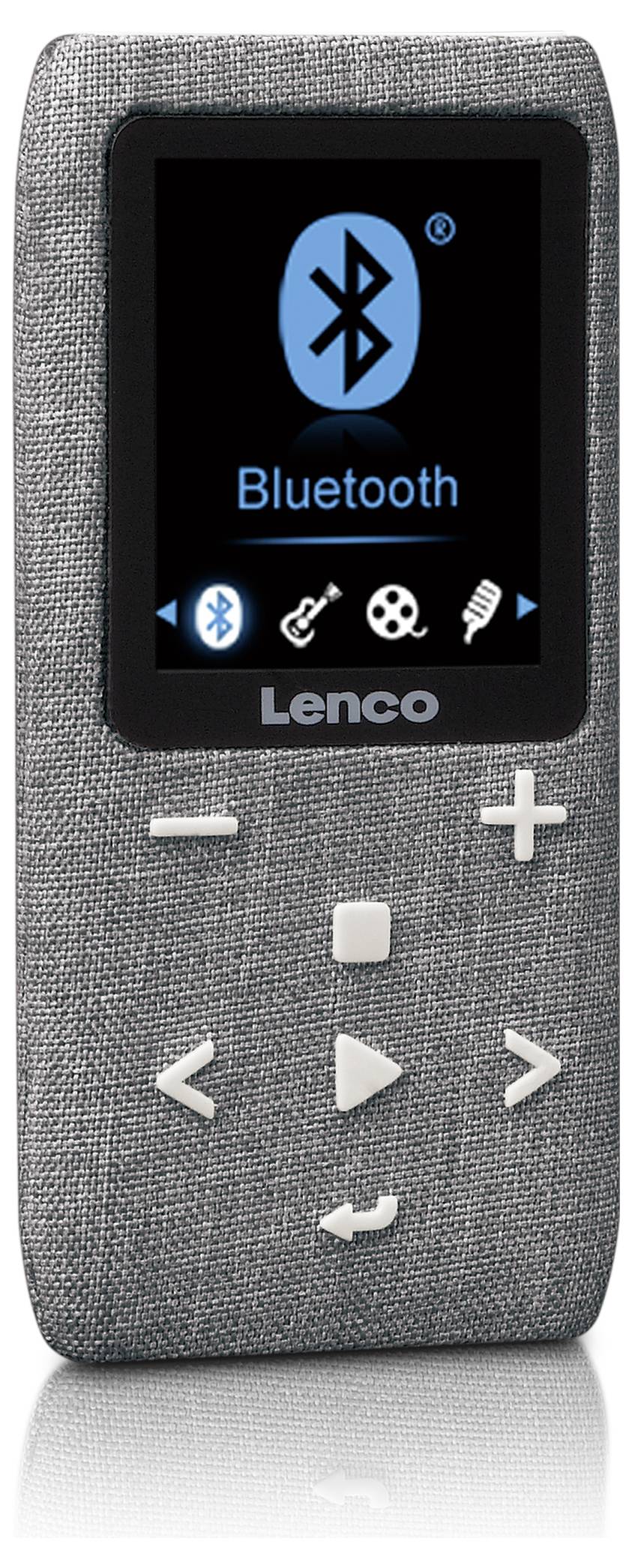 Přenosné hudební zařízení v obalu s texturou plátna. Na displeji je zobrazen symbol Bluetooth vedle hudebních ikon.