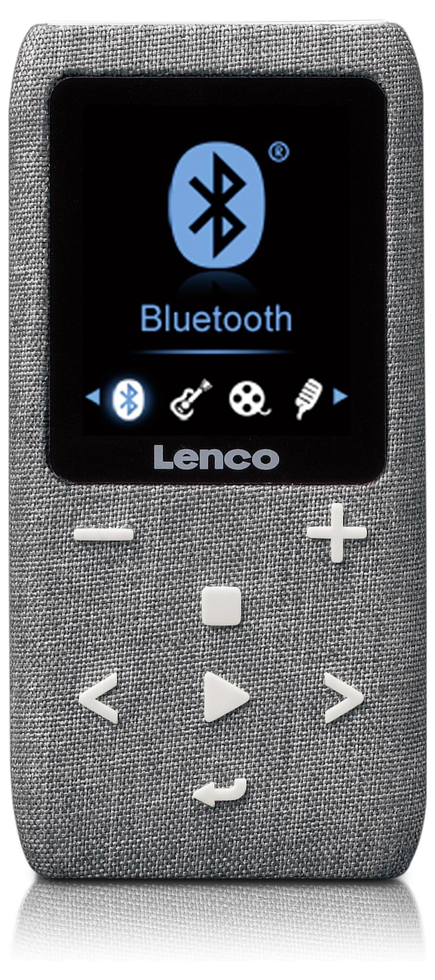 Přenosný hudební přehrávač s bluetooth displejem. Zobrazuje symboly pro hudbu, videa a rádio. Název značky dole. Povrch připomínající látku.
