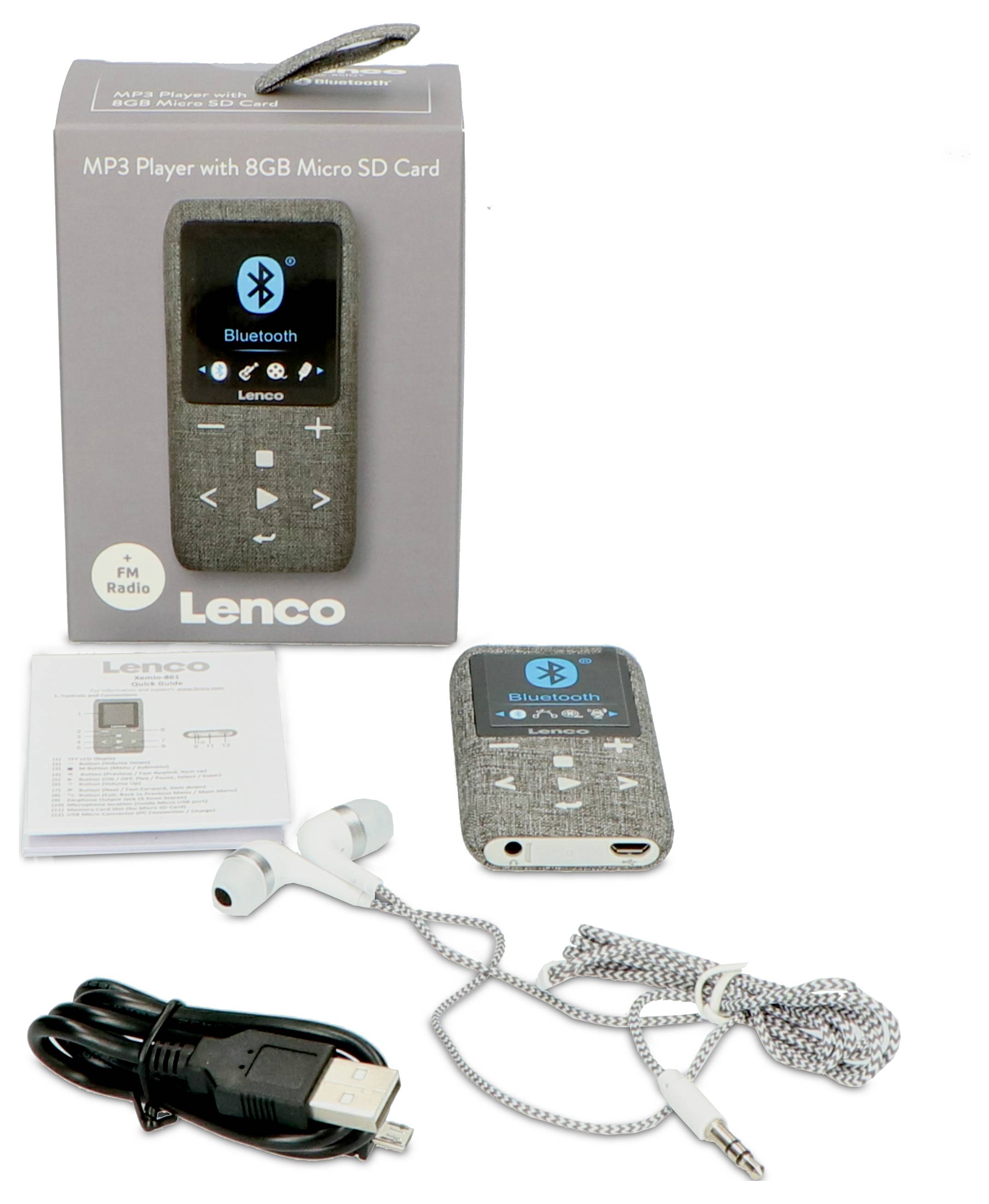 Sada MP3 přehrávače sestávající z MP3 přehrávače s displejem, 8GB mikroSD karty, USB kabelu a sluchátek před obalem.