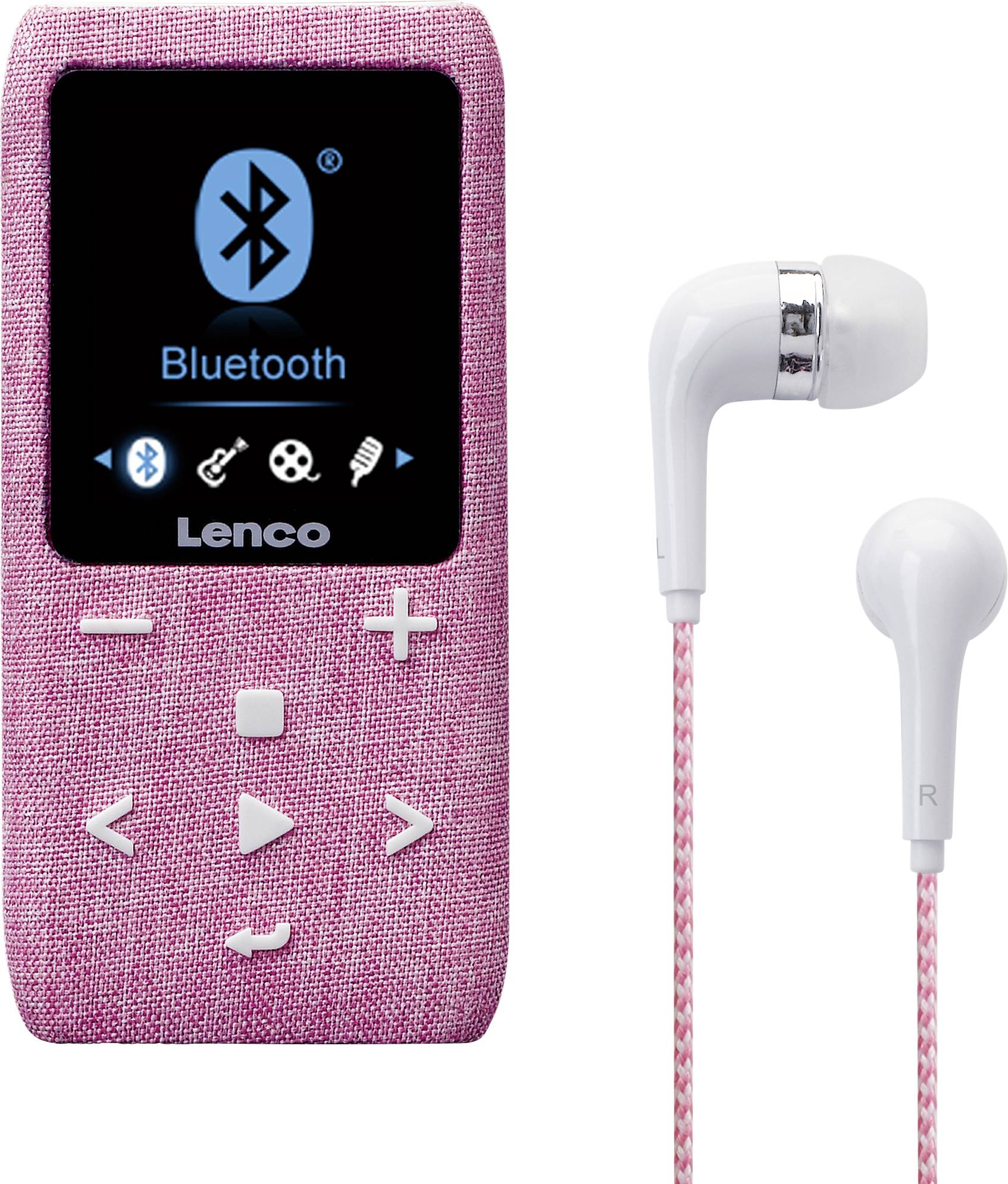 MP3 přehrávač Rosa s funkcí Bluetooth, text 'Bluetooth' na displeji, včetně bílých a růžových sluchátek.