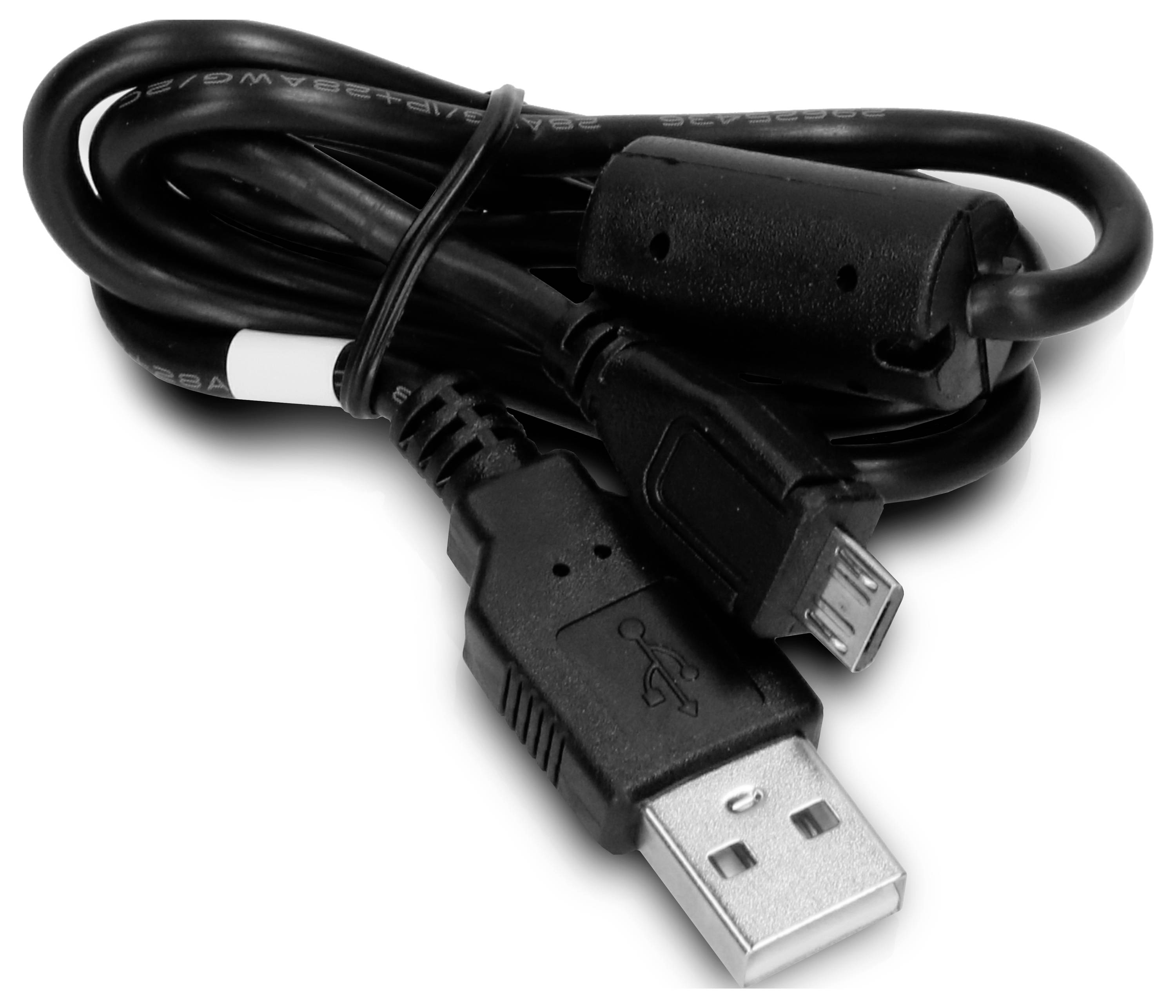 Černý USB kabel se standardním USB konektorem na jedné straně a micro-USB konektorem na straně druhé.
