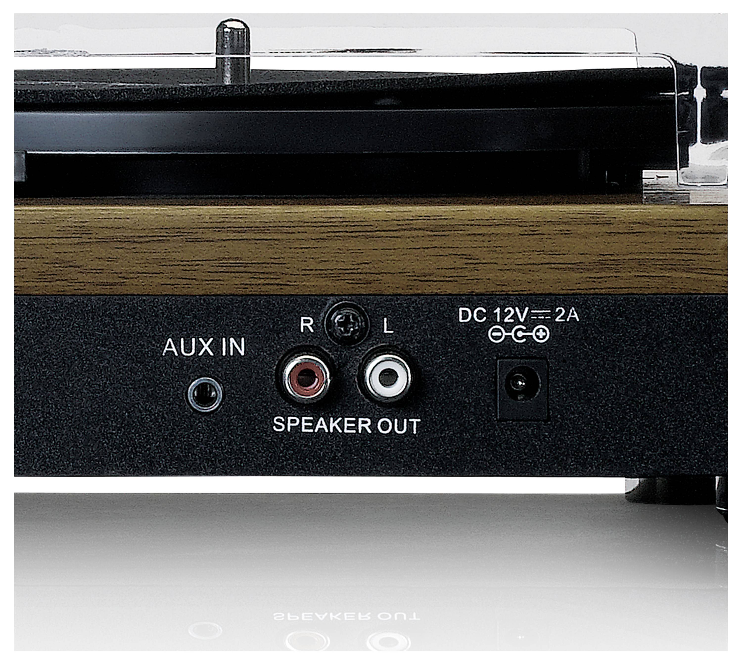 Pohled zezadu na gramofon s přípojkami: AUX IN, linkové výstupy reproduktorů (P, L) a napájecí vstup DC 12V.