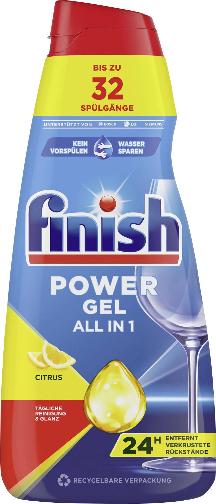 Finish Power Gel All in 1 Prostředek do myčky nádobí. Odstraňuje odolné zbytky do 24 hodin. Až 32 mycích cyklů. Citrusová vůně.