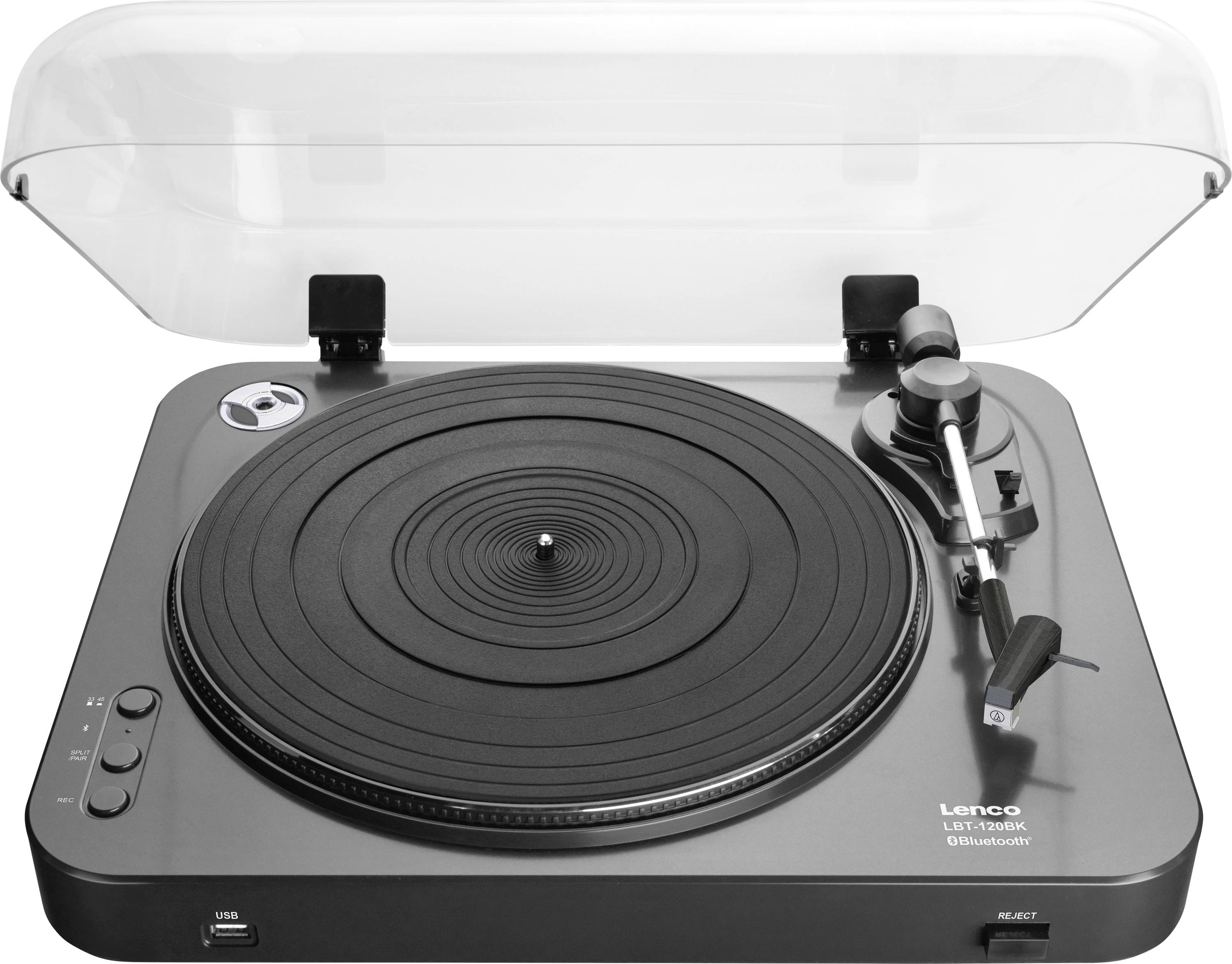 Gramofon s průhledným krytem, černým talířem a ramenem na pravé straně. Označený jako 'Lenco USB Turntable'.