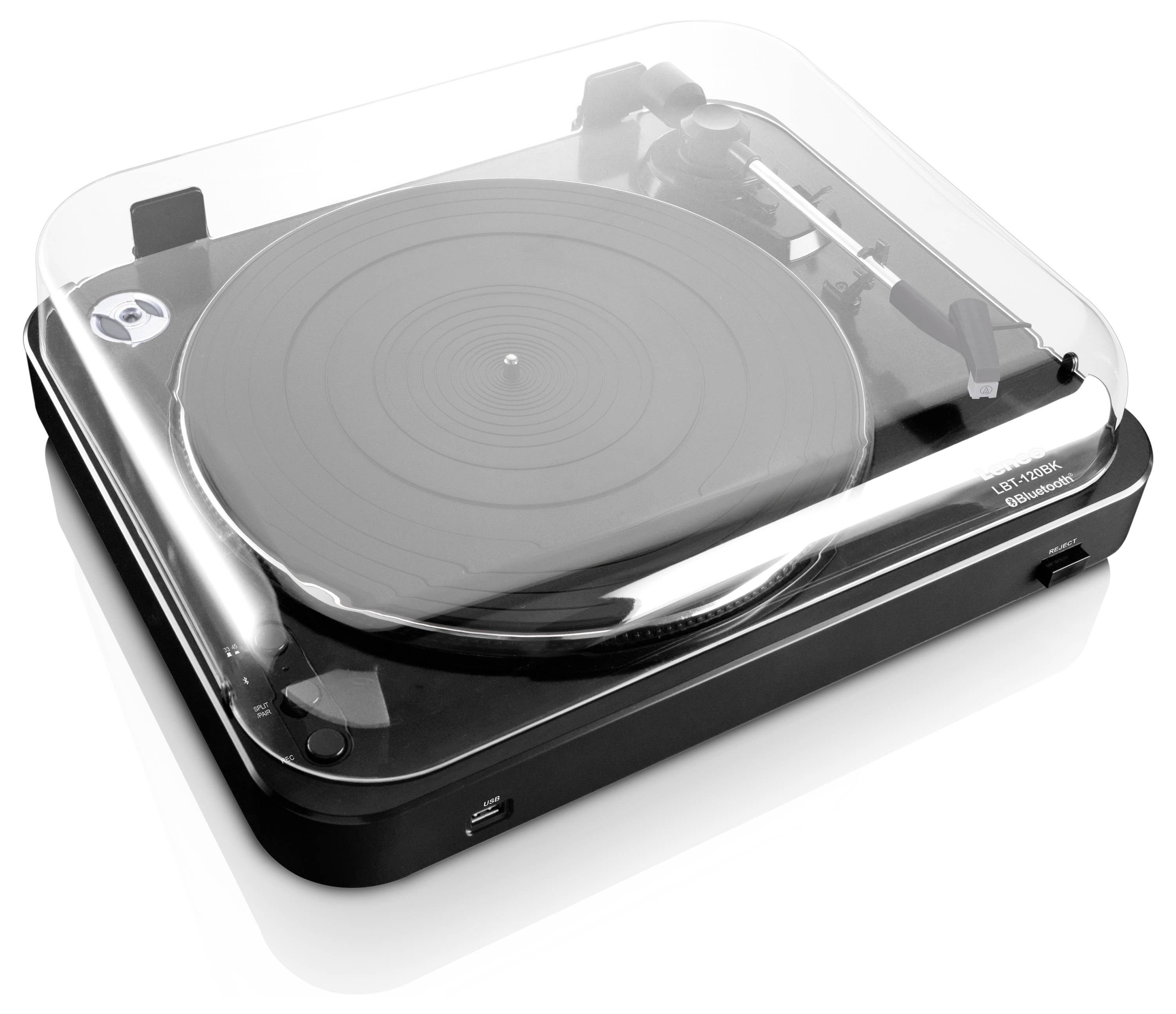Černý gramofon s průhledným krytem, ukazující jehlu a talíř desky.