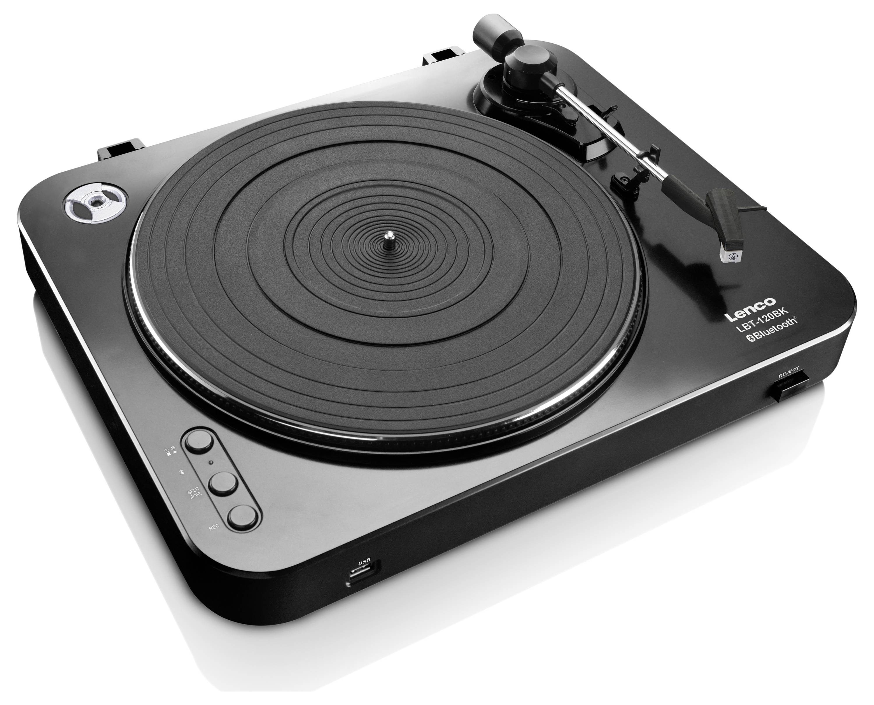 Černý gramofon s ramenem a jehlou, vhodný pro vinylové desky. Ovládací tlačítka na straně pro snadné ovládání.