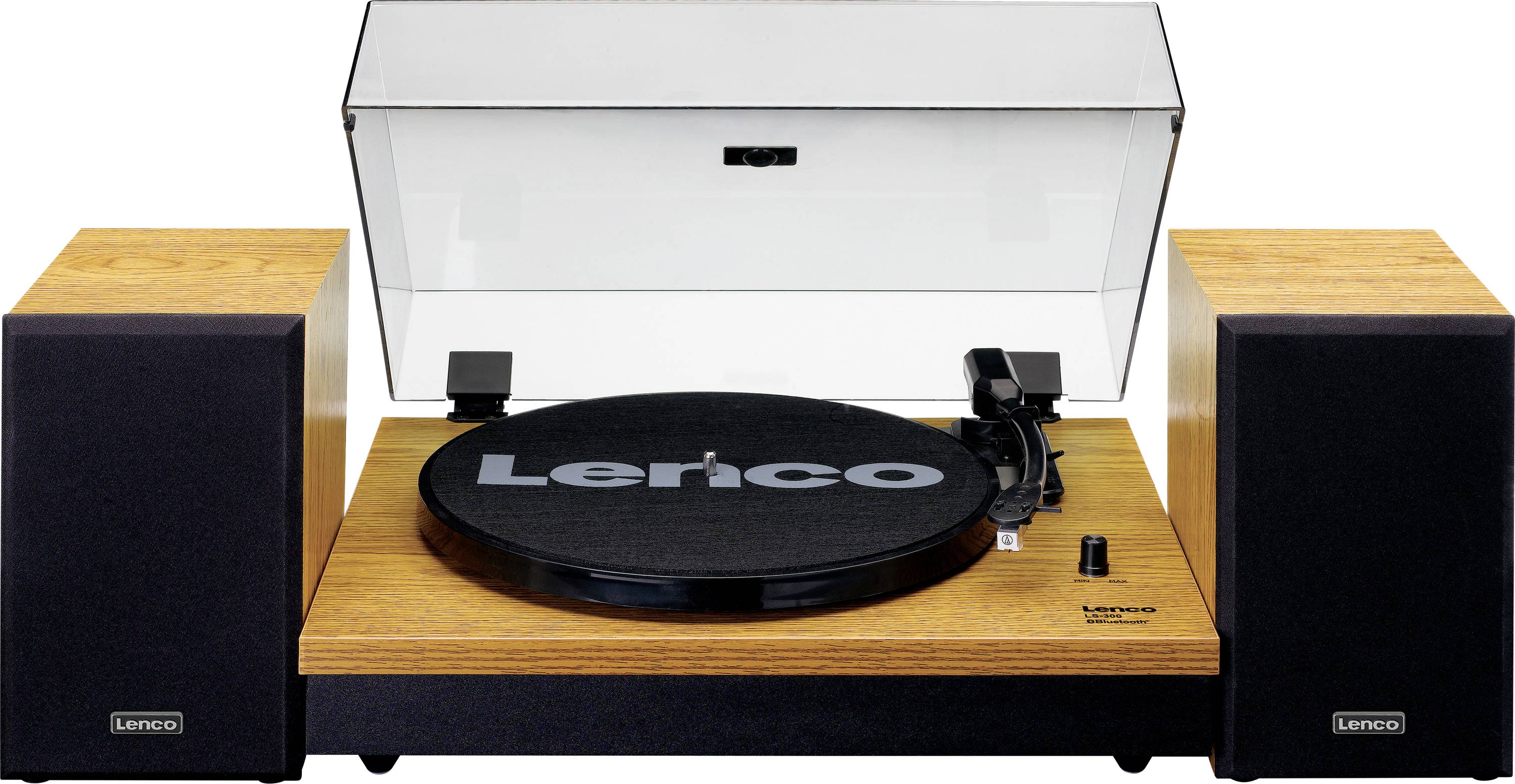 Gramofon se dvěma dřevěnými reproduktory, černým talířem a průhledným krytem.