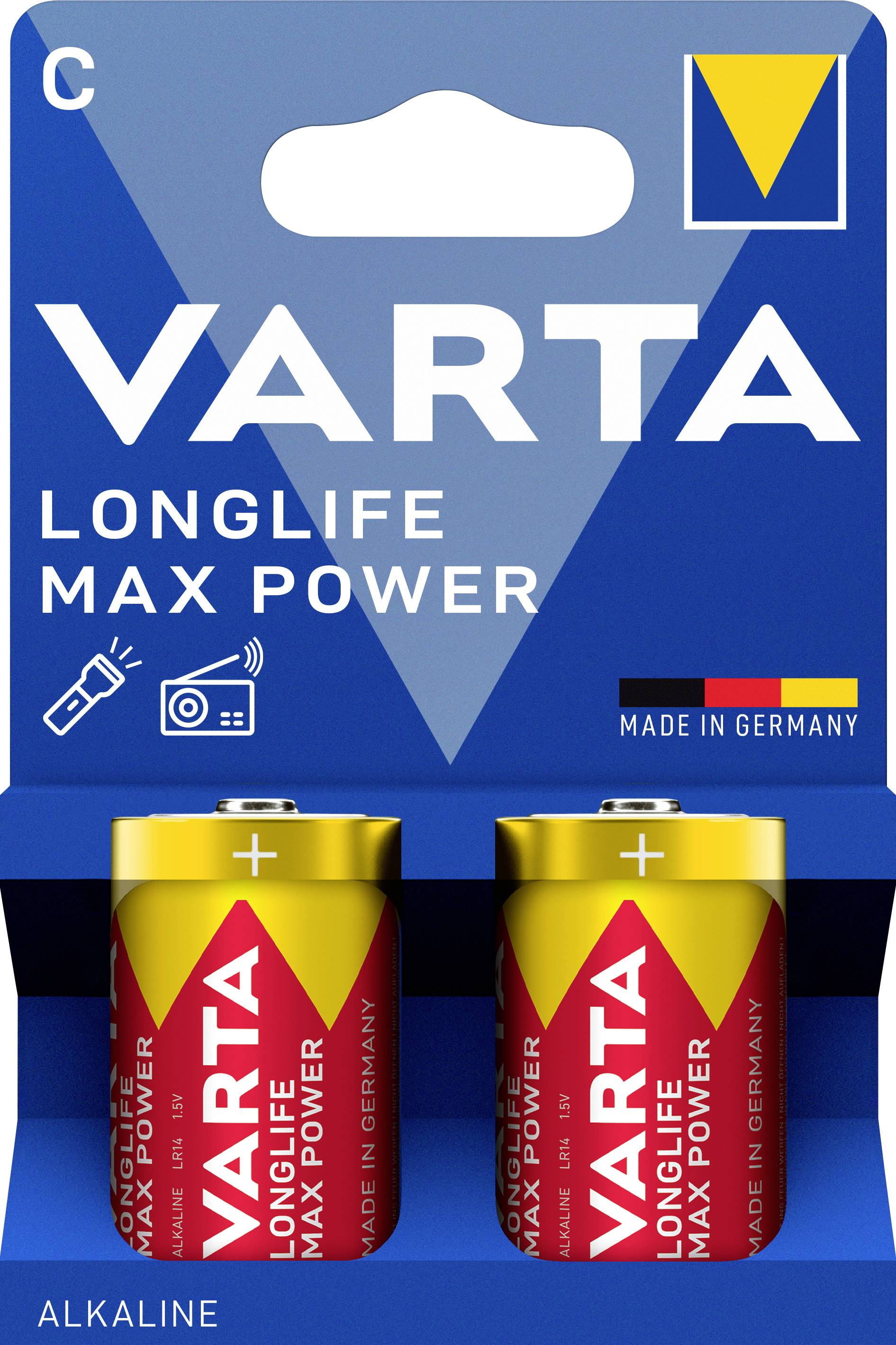 Dva alkalické baterie VARTA LONGLIFE MAX POWER typ C v modré krabičce se žlutým logem a nápisem 'Vyrobeno v Německu'.